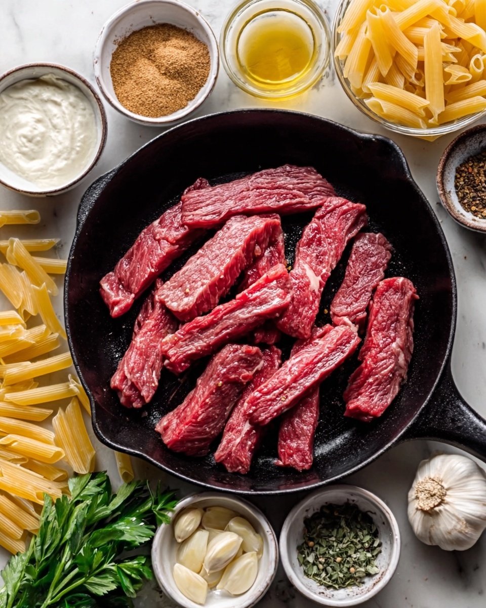 The image shows a black skillet with raw red steak strips stacked side by side in the center. Around the skillet on the white marbled surface are small white bowls and glass containers holding various ingredients: light brown spice powder, a creamy white sauce, golden olive oil, uncooked short yellow pasta, fresh green herbs, small dark brown spices, a white creamy ingredient in another bowl, peeled white garlic cloves, and a small bowl with a tan liquid. Everything is neatly arranged around the skillet, creating a cooking preparation scene. Photo taken with an iphone --ar 4:5 --v 7