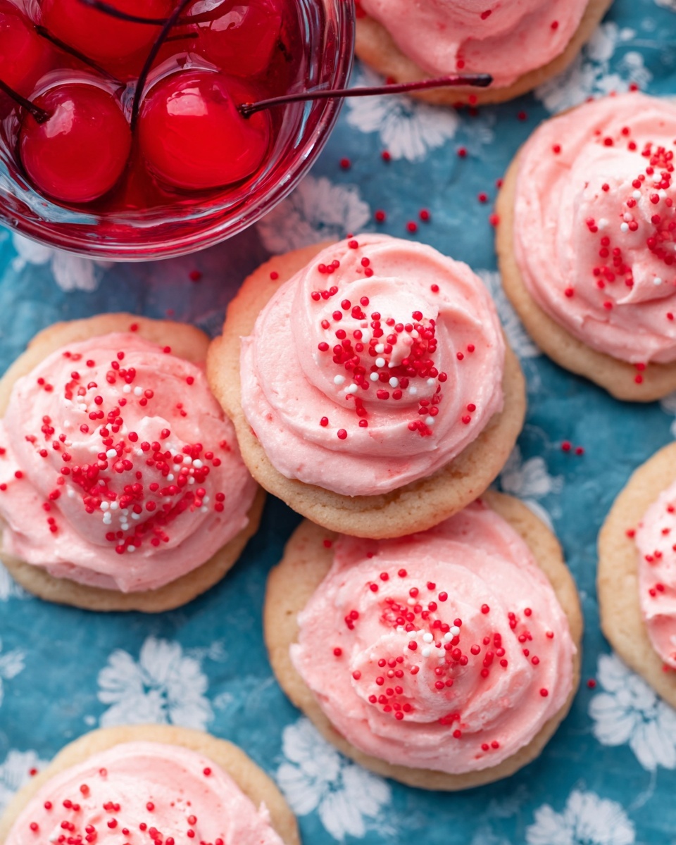 The image shows several round cookies placed closely on a blue cloth with white floral patterns. Each cookie has a light beige base with a smooth layer of pink frosting swirled on top. The frosting is decorated with small red sprinkles scattered evenly, adding a bright contrast. The frosting's texture looks creamy and shiny. In the top corner, a glass bowl with bright red cherries and syrup is visible, with some syrup dripping down slightly, suggesting a topping or garnish for the cookies. photo taken with an iphone --ar 4:5 --v 7