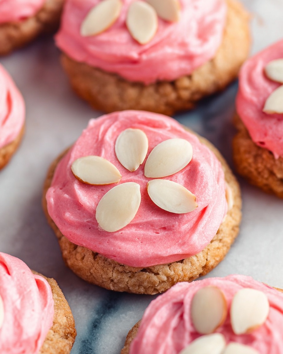 The image shows several round cookies with two layers, placed on a white marbled surface. The bottom layer is light brown with a rough texture, resembling a baked cookie. On top, there is a thick layer of smooth, bright pink frosting swirled in a round shape. Each cookie is decorated with five thin, oval-shaped almond slices arranged in a flower pattern on the pink frosting. The overall look is soft and colorful, with the natural almond cream and light brown edges contrasting with the vibrant pink frosting. Photo taken with an iphone --ar 4:5 --v 7