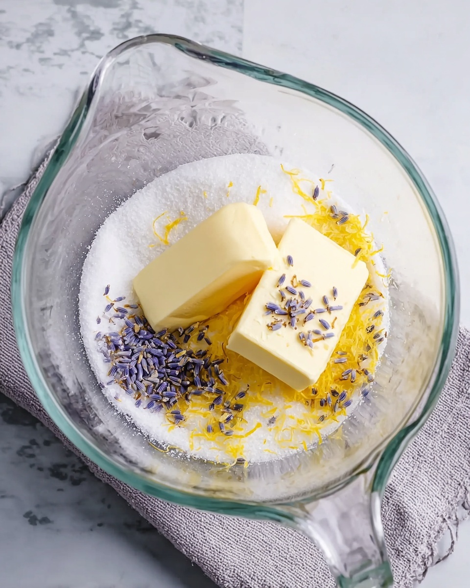 A clear glass mixing bowl sits on a white marbled surface with a light gray cloth underneath. Inside the bowl, there are two squares of pale yellow butter placed on top of white granulated sugar. Scattered over the butter and sugar are small yellow lemon zest strips and tiny purple lavender buds, creating a colorful contrast. The bowl has a handle and a spout and light shines softly over the ingredients. Photo taken with an iphone --ar 4:5 --v 7