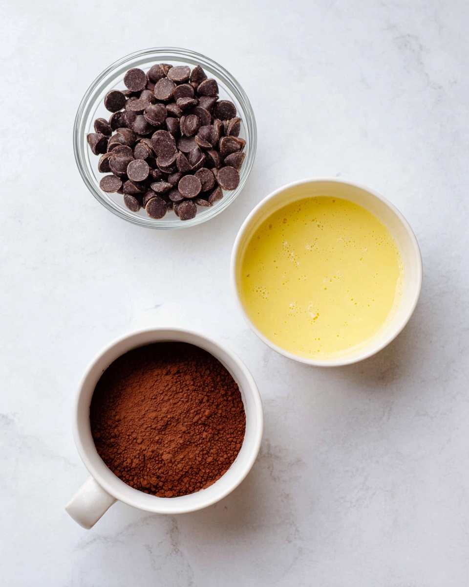 The image shows three white containers on a white marbled surface: a small glass bowl at the top filled with dark brown chocolate chips, a small white bowl on the right containing a light yellow melted butter mixture with a smooth texture, and a white ceramic cup at the bottom left filled with a dark brown dry powder, likely cocoa, that looks fine and evenly settled. The arrangement is neat with each container clearly visible, highlighting the rich colors and smooth textures of the ingredients. photo taken with an iphone --ar 4:5 --v 7