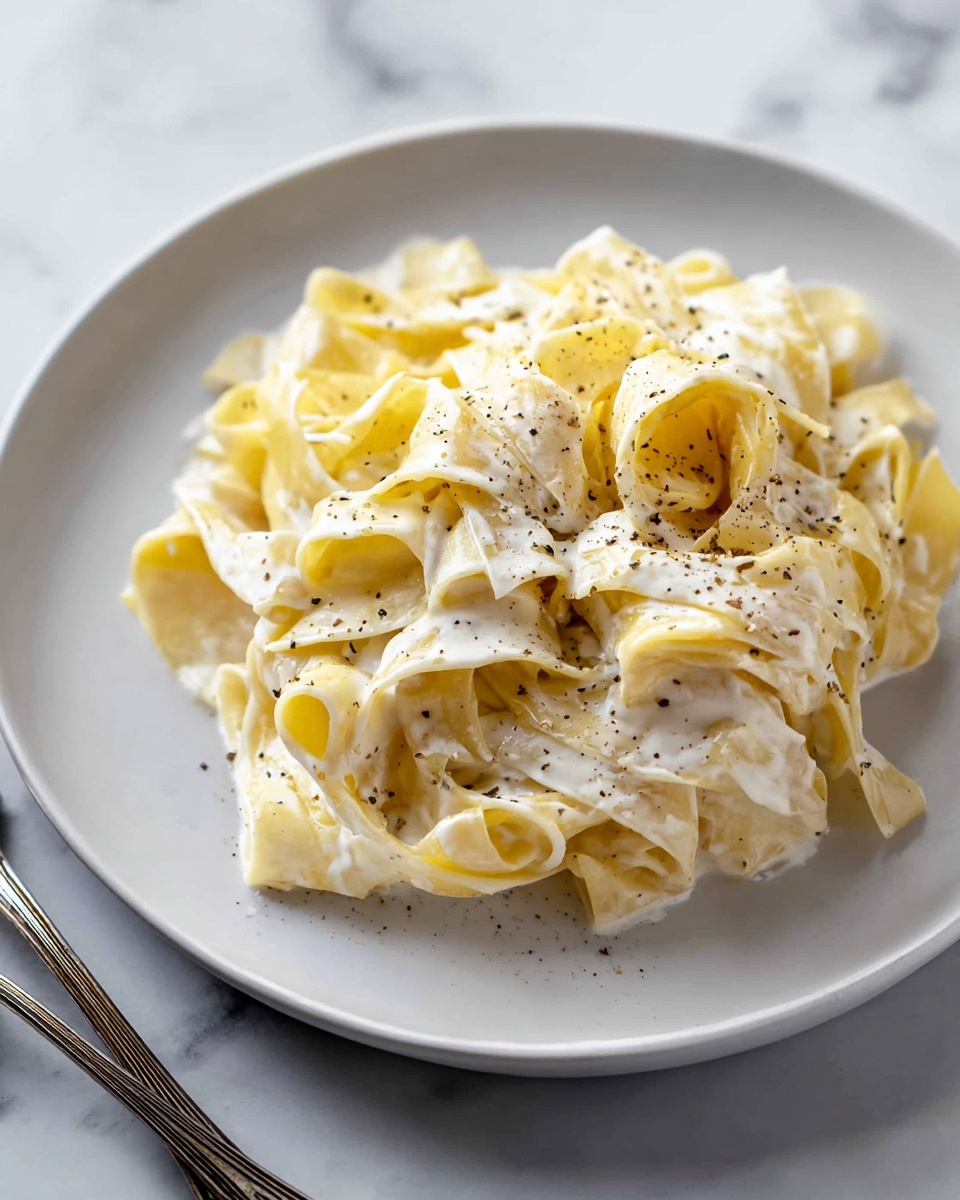 A round white plate holds a nest-like pile of wide, flat, yellow pasta ribbons covered in a creamy white sauce. The pasta is folded and layered unevenly, creating soft curves and edges. The sauce has a smooth texture with small flecks of black pepper sprinkled on top. The plate sits on a white marbled surface, and a fork and spoon near the plate are partly visible at the bottom left corner. Photo taken with an iphone --ar 4:5 --v 7