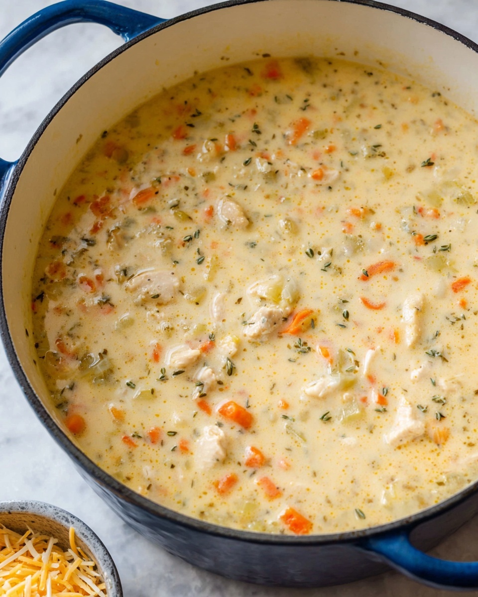 This image shows a close-up of a thick creamy soup in a blue pot with white inside. The soup has a light yellow base with visible small chunks of orange carrots, white chicken pieces, light green celery, and small specks of green herbs evenly spread throughout. The texture looks smooth but with bit pieces that add a chunky feel. The pot sits on a white marbled surface with part of a small silver bowl holding shredded cheese visible in the background. Photo taken with an iphone --ar 4:5 --v 7