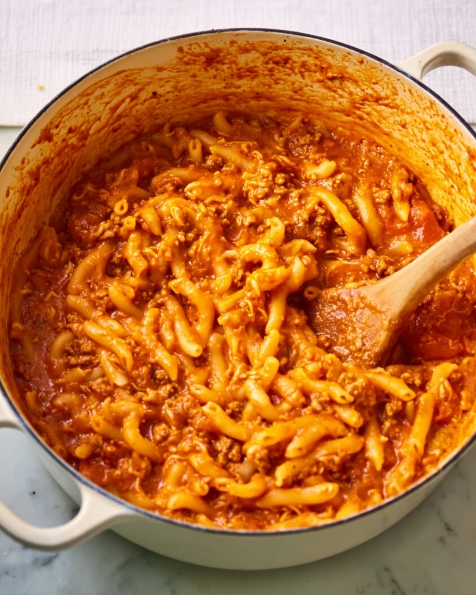 A white pot filled with a thick red sauce with pieces of pasta mixed inside. A wooden spoon is stirring the pasta and sauce inside the pot. To the right of the pot, there is a white bowl filled with a portion of the same pasta in red sauce topped with grated cheese. Both the pot and bowl are placed on a white marbled surface. Photo taken with an iphone --ar 4:5 --v 7