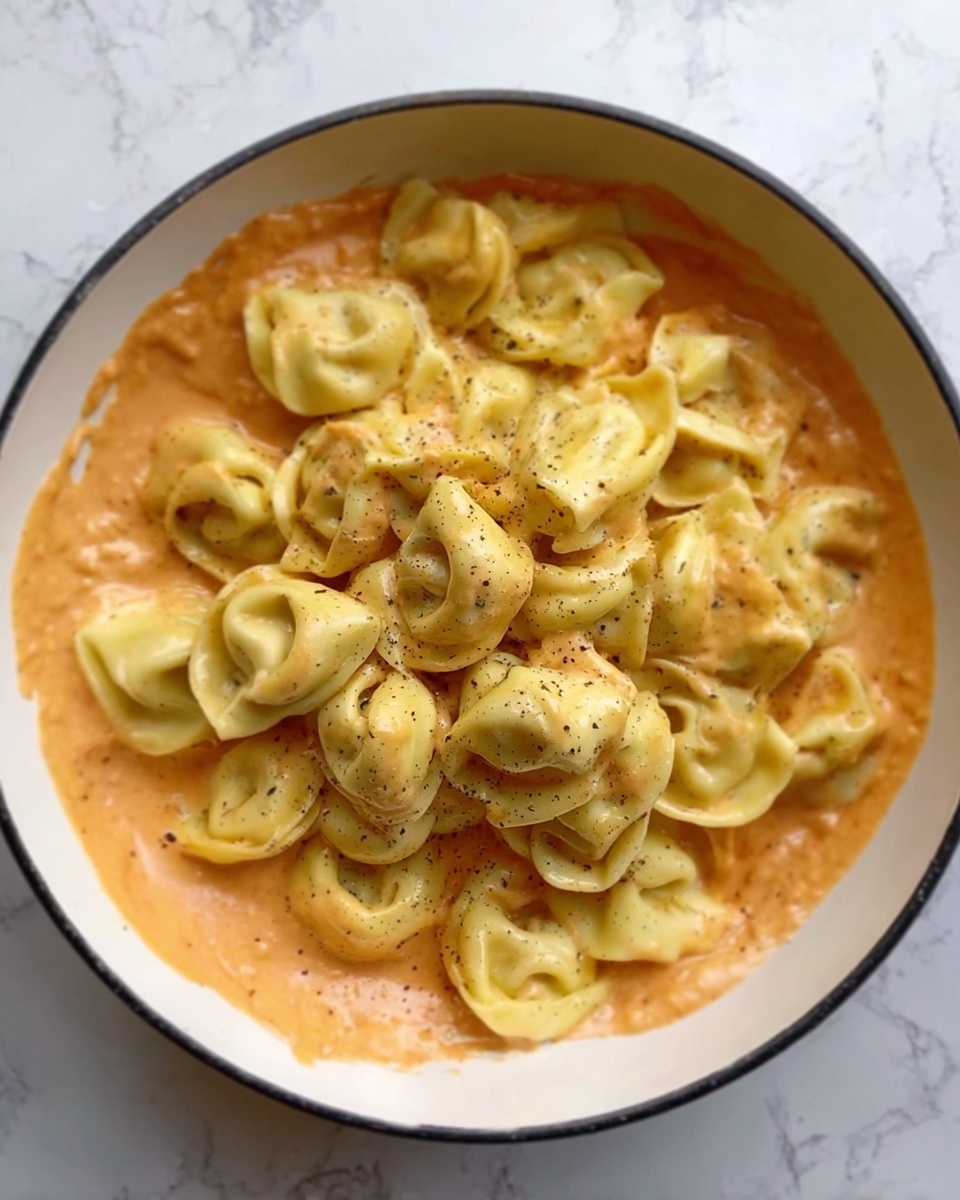 A white bowl filled with a creamy orange sauce, topped with a large serving of tortellini pasta. The tortellini are light yellow and have a smooth, slightly glossy texture. They are piled in the center of the bowl, resting on the thick sauce with some pasta pieces partially covered. The background is a white marbled surface. Photo taken with an iphone --ar 4:5 --v 7