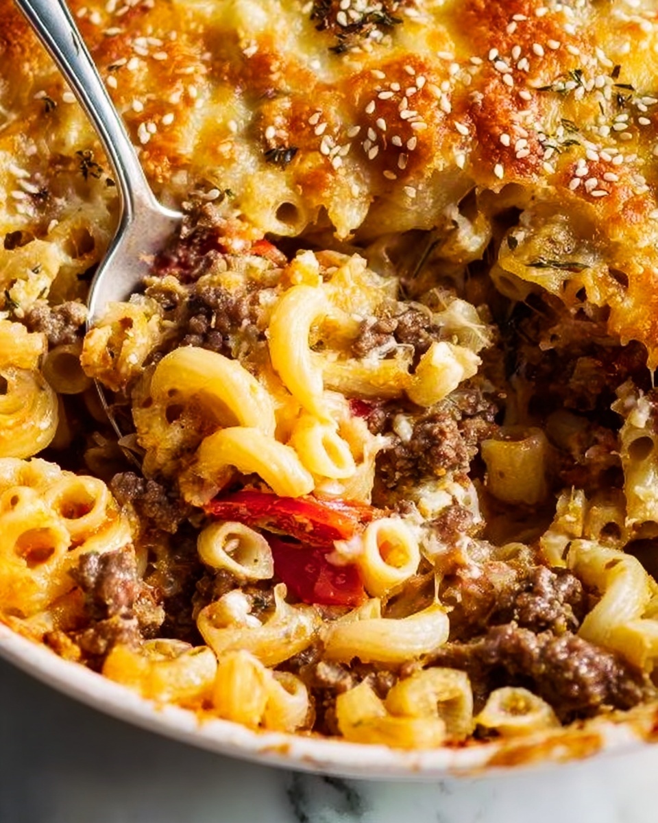 A close-up image of baked pasta with three visible layers; the top layer is golden melted cheese with a slightly crispy texture and sprinkled with sesame seeds, beneath that is a layer of browned ground meat mixed with small pieces of red bell pepper, and the bottom layer shows creamy pasta tubes coated in sauce. A silver spoon is partly digging into the dish, lifting some of the mixed pasta and meat. The dish is set on a white marbled surface. Photo taken with an iphone --ar 4:5 --v 7