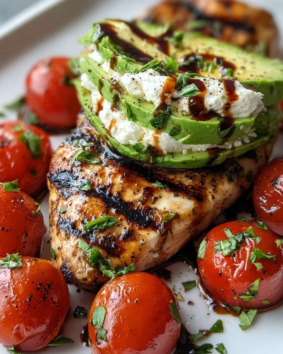 A white plate holds a grilled chicken piece with dark char marks and a speckled pepper surface, layered with a half avocado topped with creamy, white cheese and drizzled with dark balsamic glaze, garnished with chopped green herbs. Surrounding the avocado and chicken are several whole grilled red cherry tomatoes with slight char marks, all resting on a white marbled surface. photo taken with an iphone --ar 4:5 --v 7