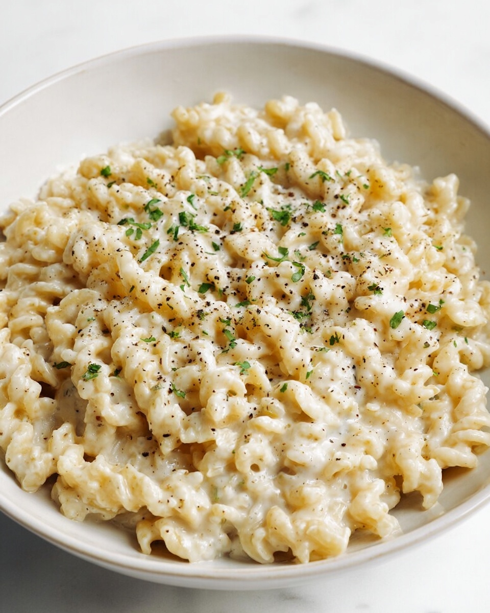 A close-up white bowl filled with creamy pasta that has a curly and thick texture, covered with a smooth, pale cheese sauce. The pasta is topped with small green herb pieces and lightly sprinkled black pepper, adding specks of green and black across the pale cream color. The bowl sits on a white marbled surface, enhancing the simple and clean presentation. Photo taken with an iphone --ar 4:5 --v 7