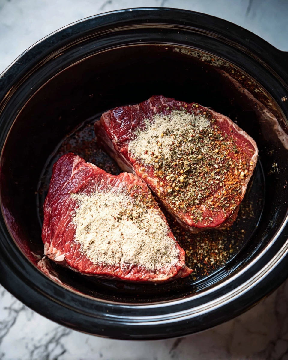 Two large pieces of raw red meat sit inside a black slow cooker. The meat is topped with several layers of light-colored powdery spices, some finely ground and some with small green and black specks. The surface below the cooker is a white marbled texture. The scene is lit naturally from above, highlighting the shiny wet texture of the meat and the dry powder spices. Photo taken with an iphone --ar 4:5 --v 7