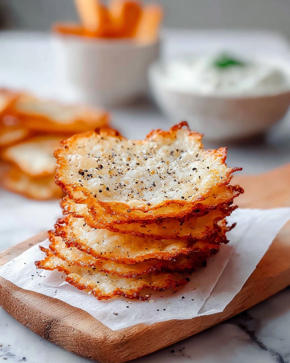 A stack of thin, round, crispy cheese chips with golden-brown edges and white centers sprinkled with black pepper sits on a white piece of paper on a wooden board placed on a white marbled surface. In the background, there is a blurred white bowl with some white dip and some soft orange shapes that look like fries or sticks. The lighting is bright and natural, showing the crunchy texture and tiny holes on the cheese chips clearly. photo taken with an iphone --ar 4:5 --v 7