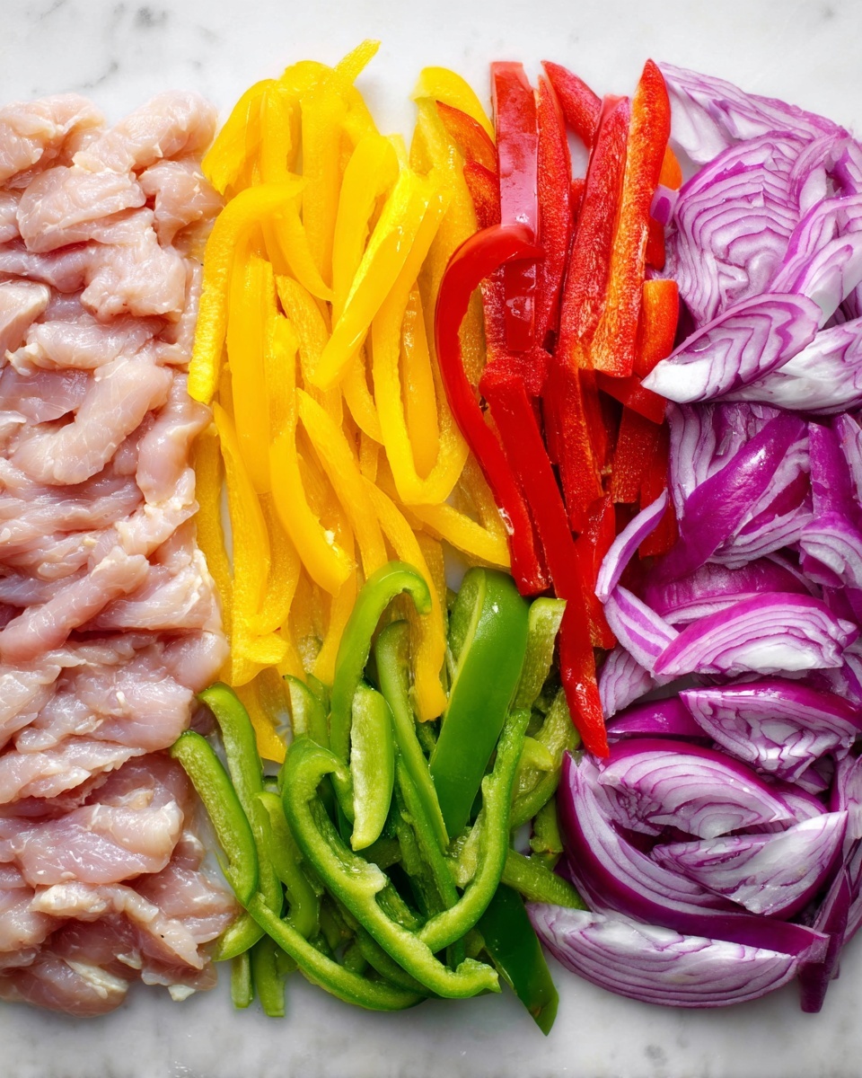 The image shows six layers arranged side by side on a white marbled surface. The first layer on the left consists of raw pale pink chicken strips, smooth and slightly shiny. Next to it is a layer of bright yellow bell pepper strips, long and thin with a glossy texture. The third layer is made of red bell pepper strips, vibrant and slightly curved. Beside the red peppers is a layer of fresh green bell pepper strips, crisp and shiny. The final layer on the right is made of sliced red onions, showing concentric rings in purple and white tones with a slightly rough texture. The layers are neatly placed in parallel lines, creating a colorful and organized display. photo taken with an iphone --ar 4:5 --v 7
