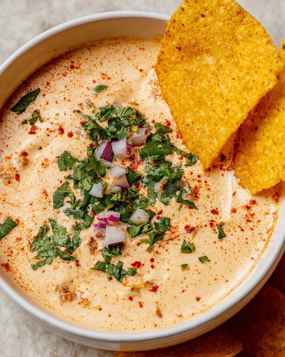 A white bowl filled with a thick, creamy cheese dip of light beige color speckled with red spices. The dip is topped with small pieces of bright green cilantro and finely chopped red onions scattered near the center. Two yellow, crispy tortilla chips are partially dipped into the right side of the bowl, showing their rough texture. The bowl sits on a white marbled texture surface. Photo taken with an iphone --ar 4:5 --v 7