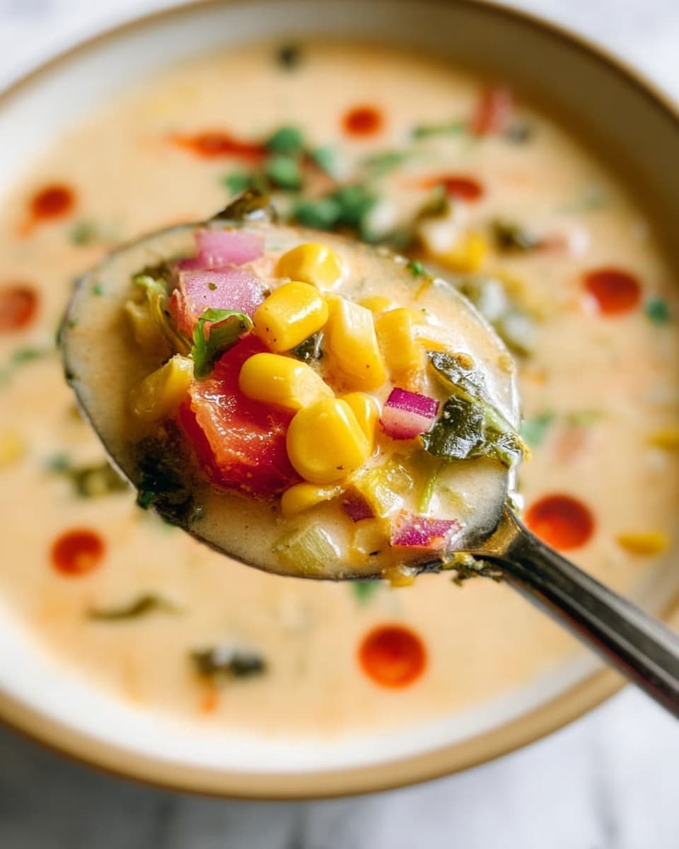 The image shows a close-up of a spoon filled with a creamy soup that has a light beige color. The spoon holds several layers of ingredients: bright yellow corn kernels, small red chunks of tomato, green leafy pieces that look like lettuce or herbs, and some small pink diced onions. The creamy soup surrounds the spoon, with small red drops of sauce scattered on its surface. The spoon is over a white plate with a beige rim, and the background is a white marbled texture. Photo taken with an iphone --ar 4:5 --v 7