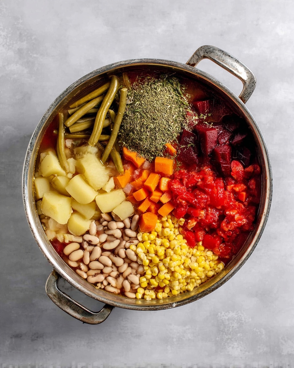 A round metal pot is filled with six clear sections of ingredients in a broth. Starting from the top left and moving clockwise, the first section contains whole olive-green green beans, followed by chopped light yellow potatoes mixed with slices of orange carrot, topped with a sprinkle of greenish dried herbs. Next is a section with chunks of dark red tomato in the broth. Below that, white and black-eyed beans fill the space, then bright red diced tomatoes, and finally bright yellow corn kernels. The pot is sitting on a white marbled surface. Photo taken with an iphone --ar 4:5 --v 7