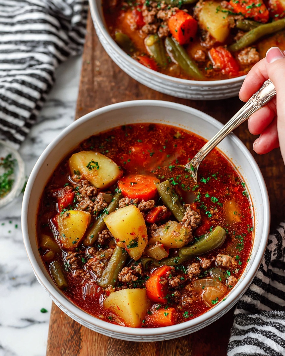 A white bowl filled with a hearty stew showing about five visible layers: a deep red broth base, chunks of golden yellow potatoes, bright orange carrot slices, green beans, and small pieces of cooked ground meat scattered throughout, topped with finely chopped green herbs. A woman's hand holds a spoon inside the bowl, scooping some stew. In the background, part of another similar bowl of stew is partially visible. The bowls rest on a wooden surface with a striped black and white cloth nearby, all placed on a white marbled texture. Photo taken with an iphone --ar 4:5 --v 7
