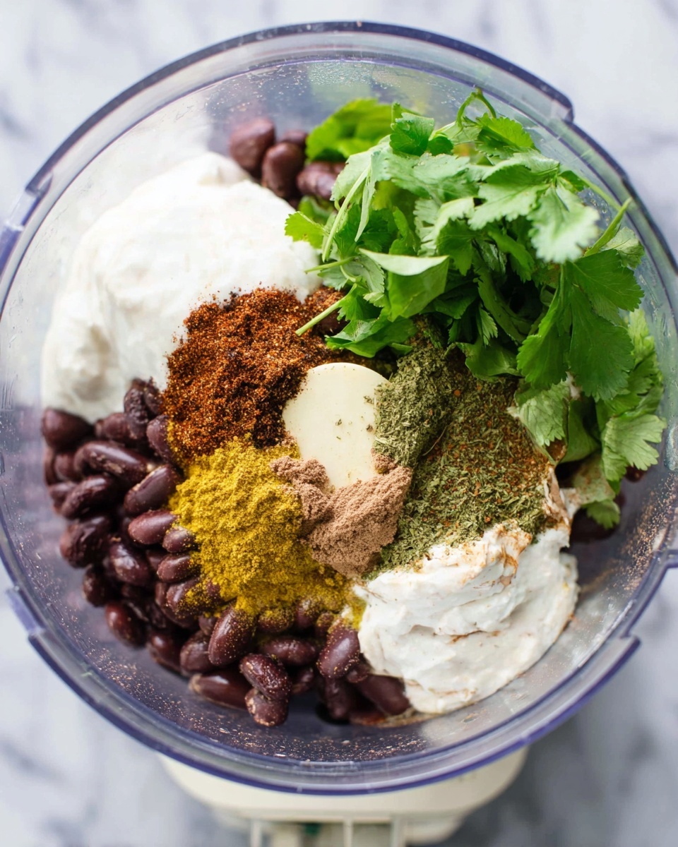 A clear food processor bowl filled with several layers of ingredients: the bottom layer shows dark purple beans with some sprinkled yellow-green powder and reddish-brown spices on top, a bright white creamy layer sits to the left, and fresh green leaves rest in the center-right. The food processor base is visible in white, and the background is a white marbled texture. Photo taken with an iphone --ar 4:5 --v 7