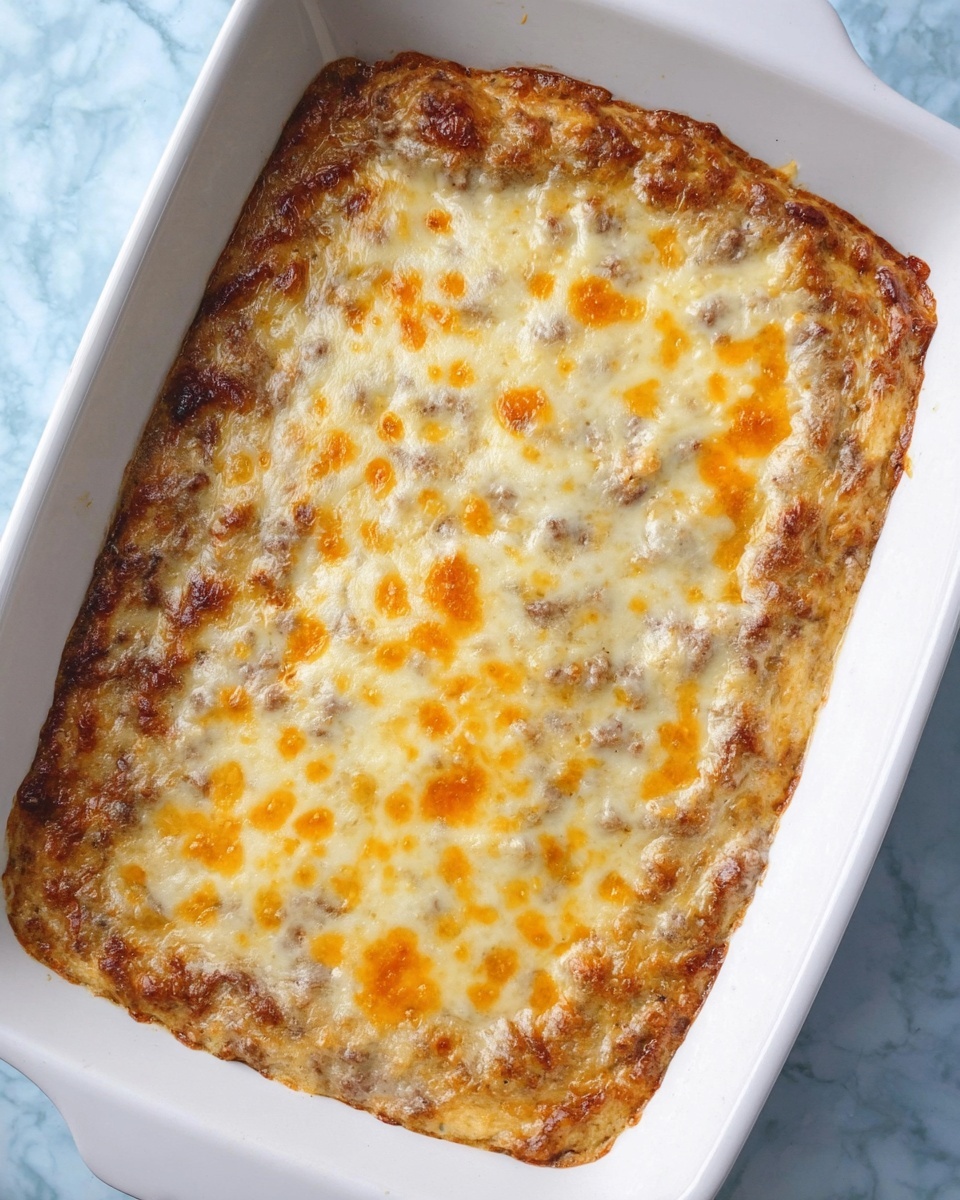 A white rectangular baking dish holds a baked casserole with two visible layers: the bottom layer is a light brown, slightly textured base that looks soft and thick, while the top layer is a melted, creamy cheese layer with small orange spots scattered across it, giving a slightly bubbly, golden finish. The casserole fills the dish evenly and has a smooth surface with a mix of light and darker brown shades blending in the cheese layer. The dish rests on a white marbled surface. Photo taken with an iphone --ar 4:5 --v 7