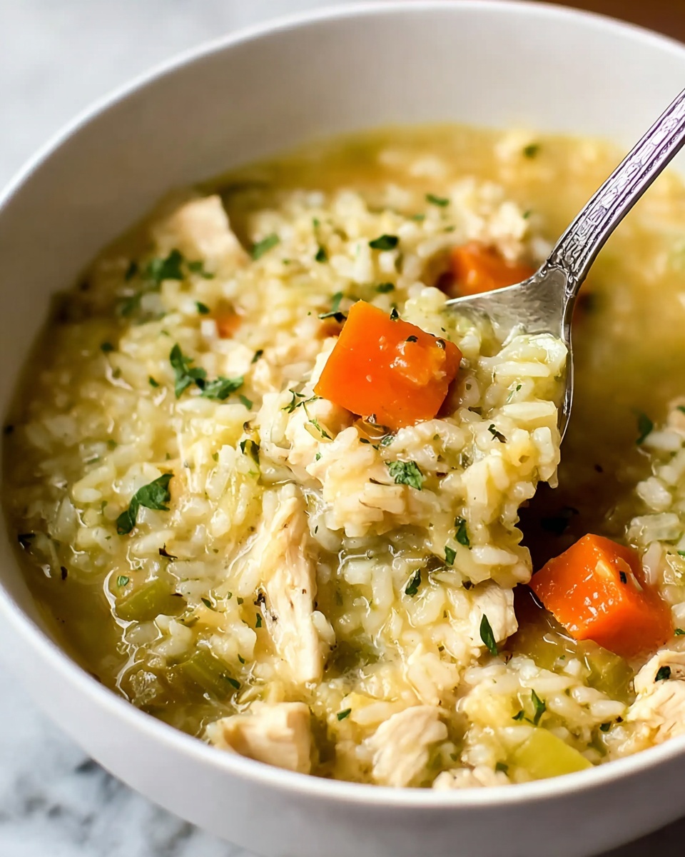 The image shows a close-up of a white bowl filled with thick chicken and rice soup. The soup has three main layers: small yellowish rice grains mixed with bits of green herbs forming a soft, slightly creamy base; chunks of light cooked chicken scattered throughout; and slices of bright orange carrot adding a pop of color. A silver spoon scoops some soup near the edge of the bowl, highlighting the mix of rice, chicken, and carrots in a warm broth. The bowl sits on a white marbled surface, and the photo is taken with an iphone --ar 4:5 --v 7