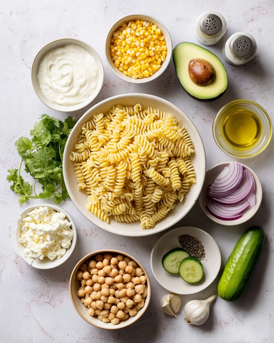 A white bowl filled with a large portion of cooked spiral pasta sits at the center on a white marbled surface, surrounded by smaller white bowls containing yellow corn kernels, white cottage cheese, creamy white yogurt, and golden olive oil. Around these bowls are fresh ingredients: three bright green whole limes in a small white bowl, half a ripe avocado with a dark brown seed, a bunch of green cilantro, two slices of red onion showing light purple rings, a peeled garlic bulb with loose cloves, and cucumber sticks on a white plate. There are also cooked beige chickpeas in another small white bowl. Tiny salt and pepper shakers are placed near the avocado and garlic. The whole set looks fresh and ready for preparation. Photo taken with an iphone --ar 4:5 --v 7