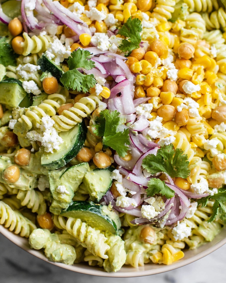 The image shows a close-up of a colorful pasta salad with three layers. The bottom layer is made of spiral pasta with a creamy light green dressing. On top of the pasta are scattered layers of bright yellow corn kernels, light orange chickpeas, and chopped red onions that add hints of purple. Large pieces of fresh green cucumber slices are spread throughout, adding a crisp texture. The salad is topped with white crumbled cheese and fresh green cilantro leaves, giving the dish a fresh, vibrant look. The dish is presented on a surface with a white marbled texture photo taken with an iphone --ar 4:5 --v 7