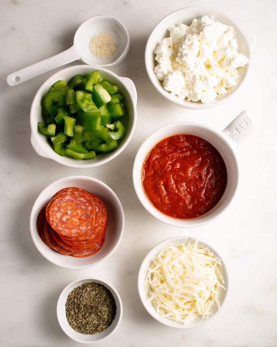The image shows six small white bowls and measuring cups arranged on a white marbled surface, each containing different ingredients for a pizza. One bowl holds diced green bell peppers with a fresh, bright green color and a crisp texture. Another measuring cup contains white cottage cheese with a soft, creamy texture, heaped slightly over the rim. A smaller measuring cup is filled with a rich red tomato sauce that looks smooth and thick. Another white bowl has round, thin orange-red slices of pepperoni stacked loosely. One bowl contains shredded white mozzarella cheese with soft, slightly long strands. The smallest bowl holds a mix of dried Italian herbs and spices in shades of green and brown. photo taken with an iphone --ar 4:5 --v 7