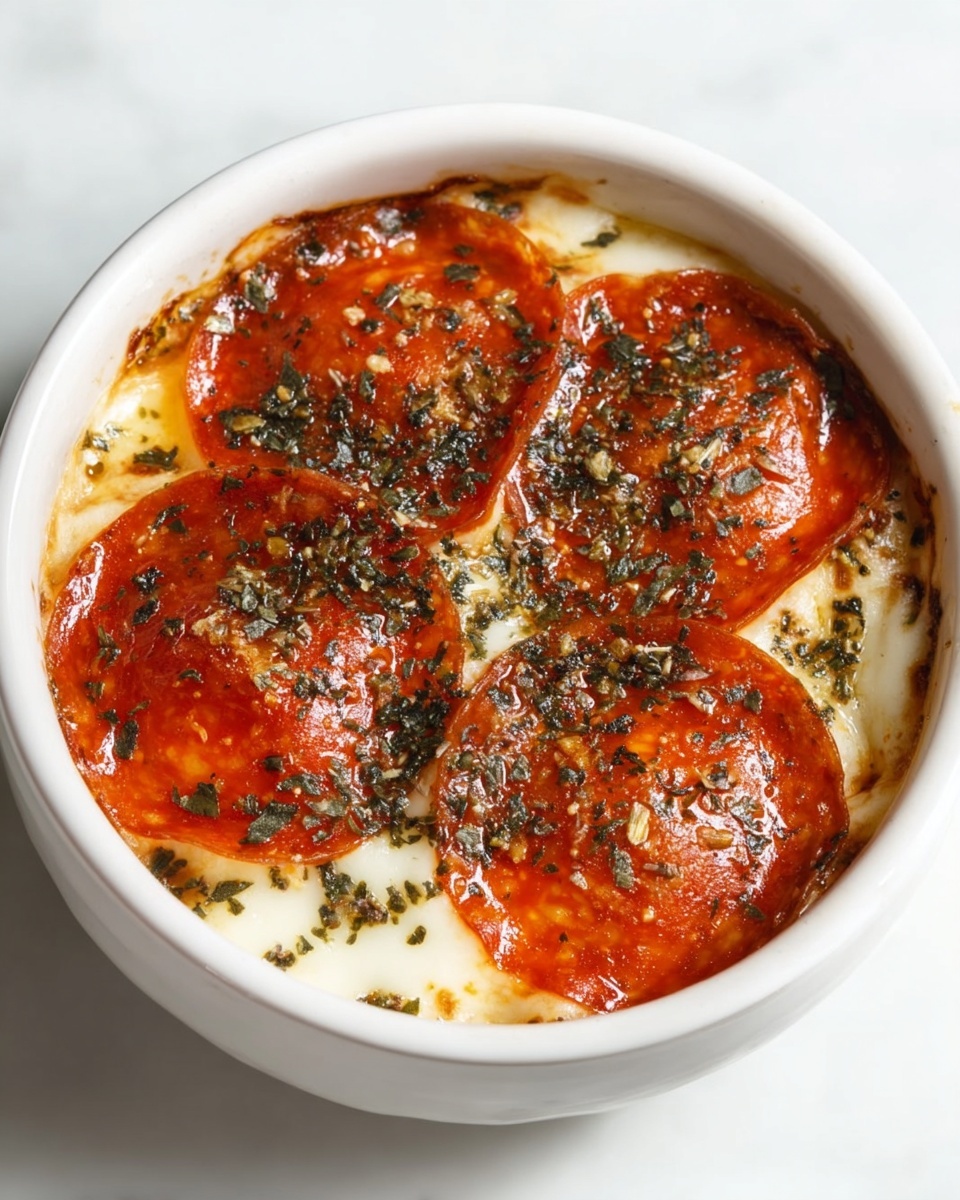 A white bowl filled with a baked dish showing four overlapping shiny reddish-orange pepperoni slices on top, sprinkled with black and green dried herbs. Underneath, there is a layer of melted white cheese visible around the edges, slightly browned. The bowl is placed on a white marbled surface. photo taken with an iphone --ar 4:5 --v 7