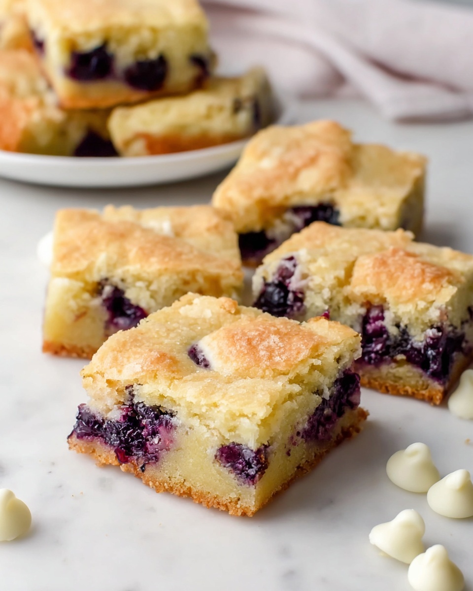 The image shows several square pieces of blueberry dessert bars with a golden-brown top layer that is slightly cracked and crumbly. Inside the bars, there are visible dark purple blueberry spots mixed within a moist, light yellow dough layer. The bars are placed on a white marbled surface, with some pieces stacked and others spread around. Near the treats, there are a few white chocolate chips scattered, and in the background, part of a white plate with more pieces of the dessert is visible. The overall look is soft and crumbly with juicy blueberry highlights. photo taken with an iphone --ar 4:5 --v 7