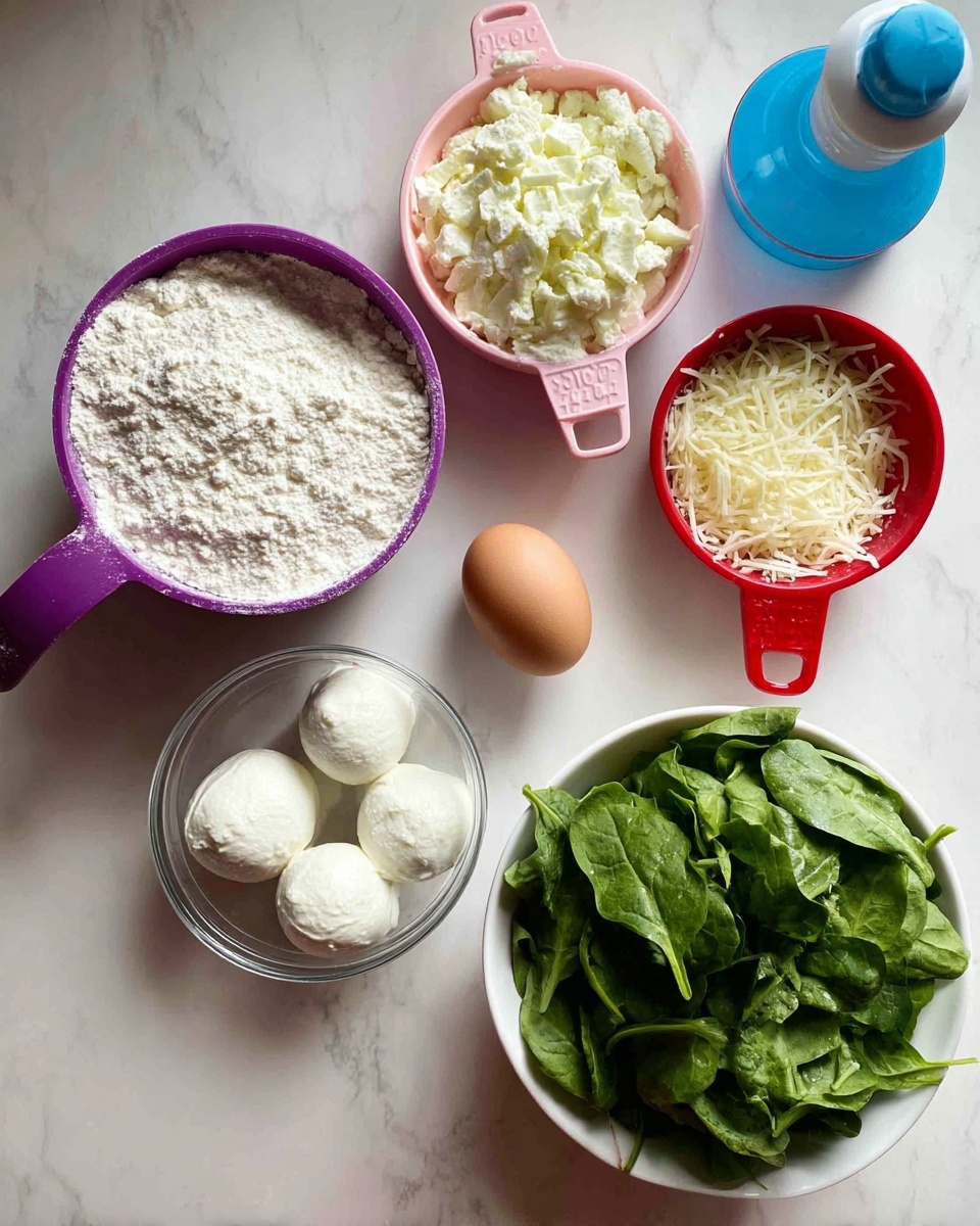 The image shows various cooking ingredients placed on a white marbled surface. On the left side, there is a purple measuring cup filled with white flour, above it a pink measuring cup filled with chunky white cottage cheese, and next to that a red measuring cup with shredded white mozzarella cheese. In the center is a small clear bowl holding two white balls of fresh mozzarella on top of a powdery substance. Near the center right is a single brown egg, and to its right is a blue oil dispenser. At the bottom right, a white bowl holds fresh, green spinach leaves. The scene is simple and organized, with natural lighting casting soft shadows. photo taken with an iphone --ar 4:5 --v 7