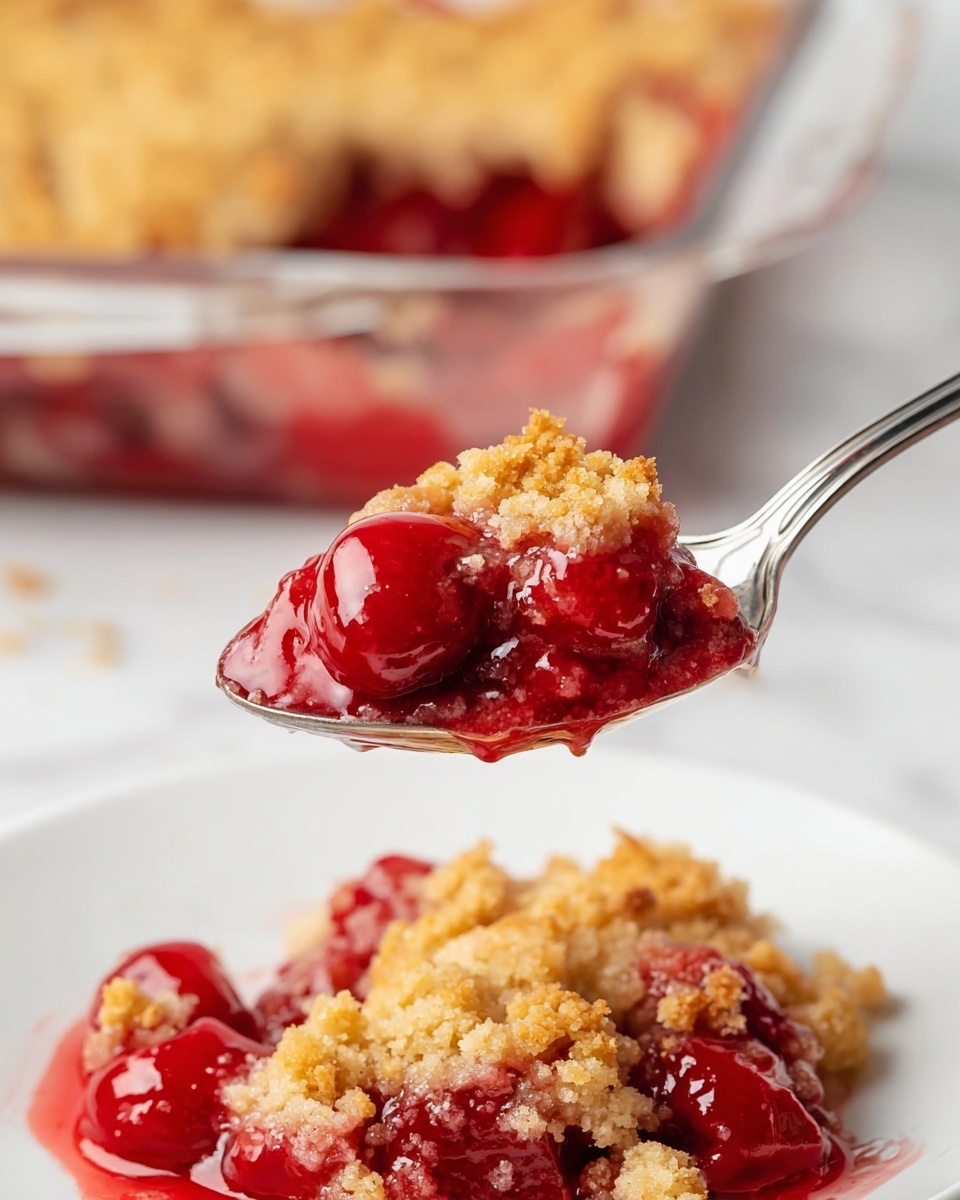 Cherry Dump Cake Recipe 5 The image shows a close-up of a spoon filled with a dessert scoop, featuring two main layers. The bottom layer consists of bright, glossy red cherries in a thick syrup that looks shiny and juicy. On top, there is a golden brown crumbly topping with a rough texture, appearing crunchy and slightly uneven. The spoon is held above a white plate filled with the same dessert, displaying both the red cherry filling and crumbly topping in larger portions. In the background, a glass baking dish with more of the dessert can be seen. All items are placed on a white marbled surface. Photo taken with an iphone --ar 4:5 --v 7
