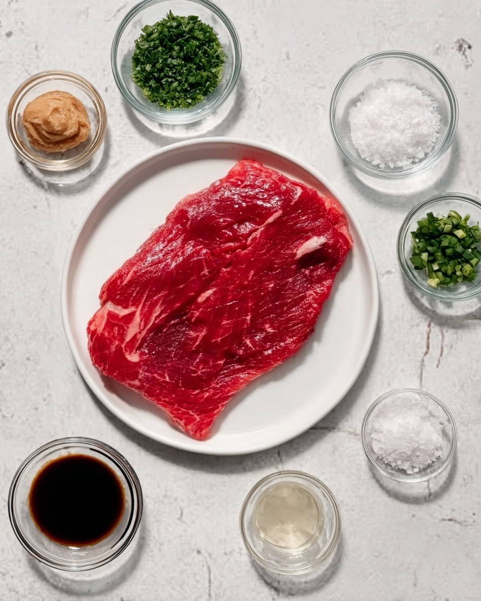 A large, bright red piece of raw meat lies flat on a white plate at the center of a white marbled surface. Surrounding the plate are five small clear bowls filled with different ingredients: one with light brown paste, one with white crystals of salt, one filled with chopped green herbs, one with coarse white salt, and one with dark soy sauce. The scene shows a clean and simple preparation setup. Photo taken with an iphone --ar 4:5 --v 7