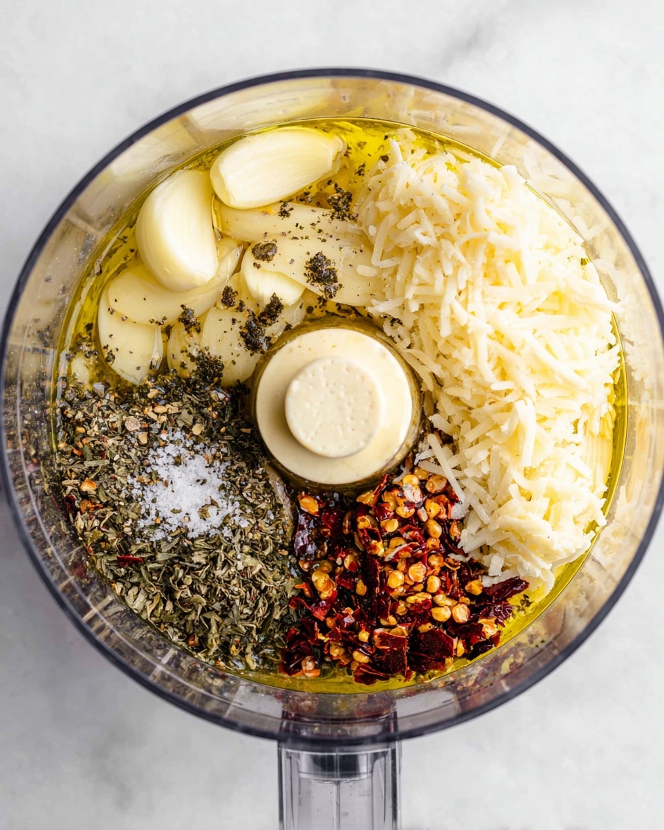 Inside a clear food processor bowl, there are several distinct layers of ingredients arranged around the center blade. On one side, there are light yellow slices of garlic; next to that is a mound of finely shredded white cheese. To the right, a section is filled with small green and brown dried herbs, and next to it, a pile of red chili flakes with some yellow seeds mixed in. All these ingredients sit in golden yellow olive oil, pooling around them, with some black pepper and granules of salt sprinkled on top. The whole setup rests on a white marbled surface. Photo taken with an iphone --ar 4:5 --v 7