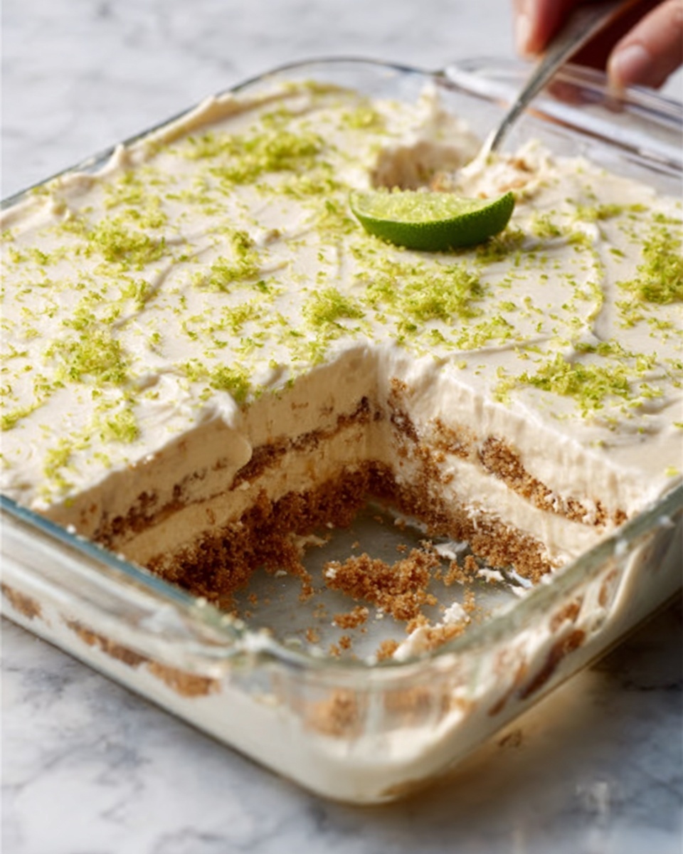 A glass baking dish with a layered dessert that has been partially eaten, showing three layers inside: a bottom brown crumbly layer, a middle beige creamy layer, and a top white creamy layer covered with fine green lime zest and a small twist of green lime peel on the corner. The dish is on a white marbled surface, and there is a woman's hand visible near the edge of the dish. The dessert looks smooth and soft with some texture from the crumbs. photo taken with an iphone --ar 4:5 --v 7