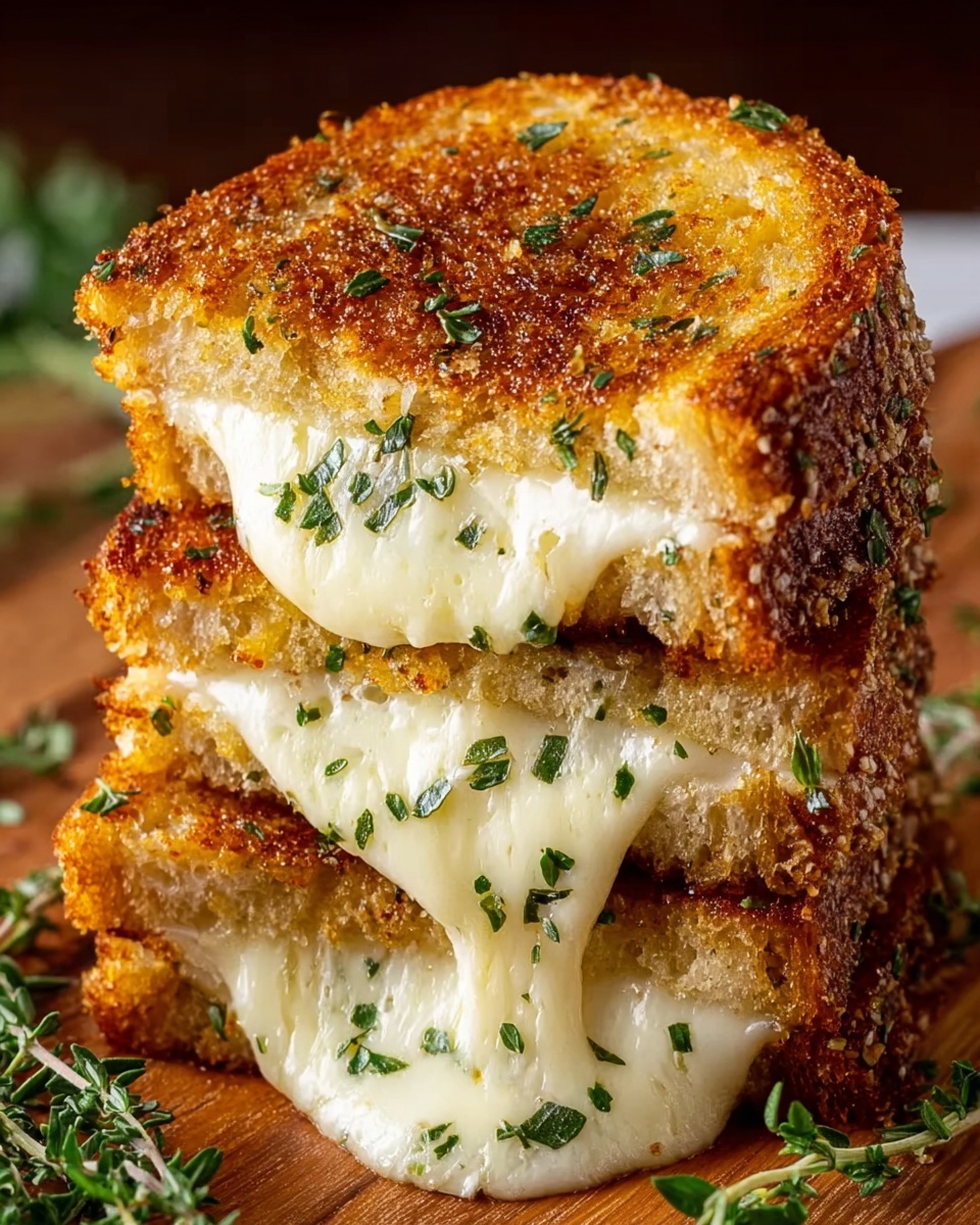 A close-up image shows a grilled cheese sandwich cut into three layers with melted white cheese oozing out between each layer; the bread is golden brown and crispy with a textured crust sprinkled with green herbs; the cheese is creamy and stretches slightly, giving a rich and gooey appearance; the sandwich is stacked neatly on a wooden surface with sprigs of green herbs around for garnish; photo taken with an iphone --ar 4:5 --v 7