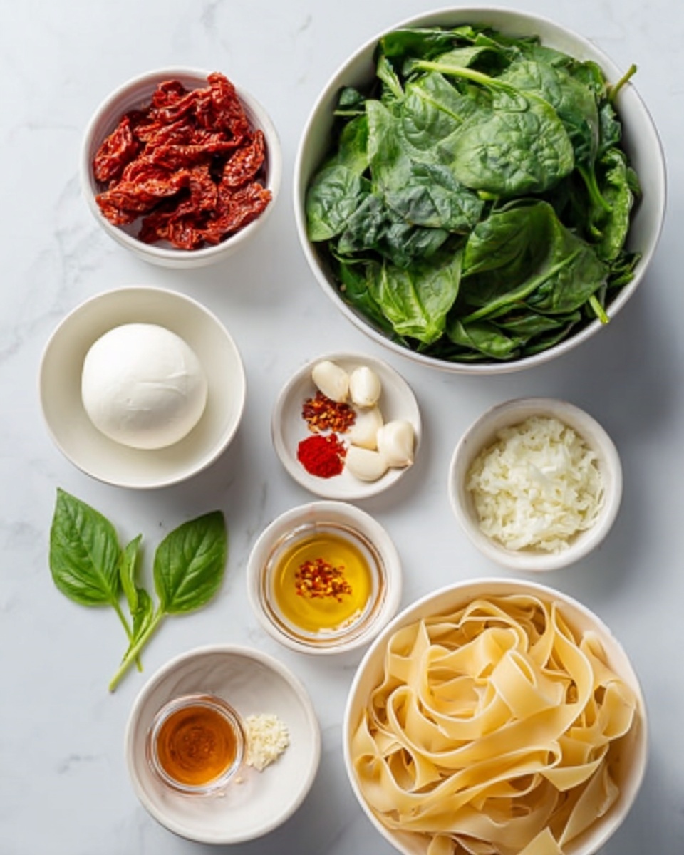 The image shows several white bowls and small containers arranged on a white marbled surface. One large white bowl is filled with fresh, dark green spinach leaves. Next to it, a smaller white bowl contains bright red sun-dried tomatoes. Another large white bowl holds a soft, smooth ball of white mozzarella cheese. A little farther, there is a white bowl with finely chopped white onions. Small containers hold yellow-colored powder, a light amber liquid, red chili flakes, chopped red chili, and four white garlic cloves. A few fresh green basil leaves rest on the marbled surface near the bowls, and a white bowl full of wide, light yellow pasta ribbons is placed on the side. Photo taken with an iphone --ar 4:5 --v 7