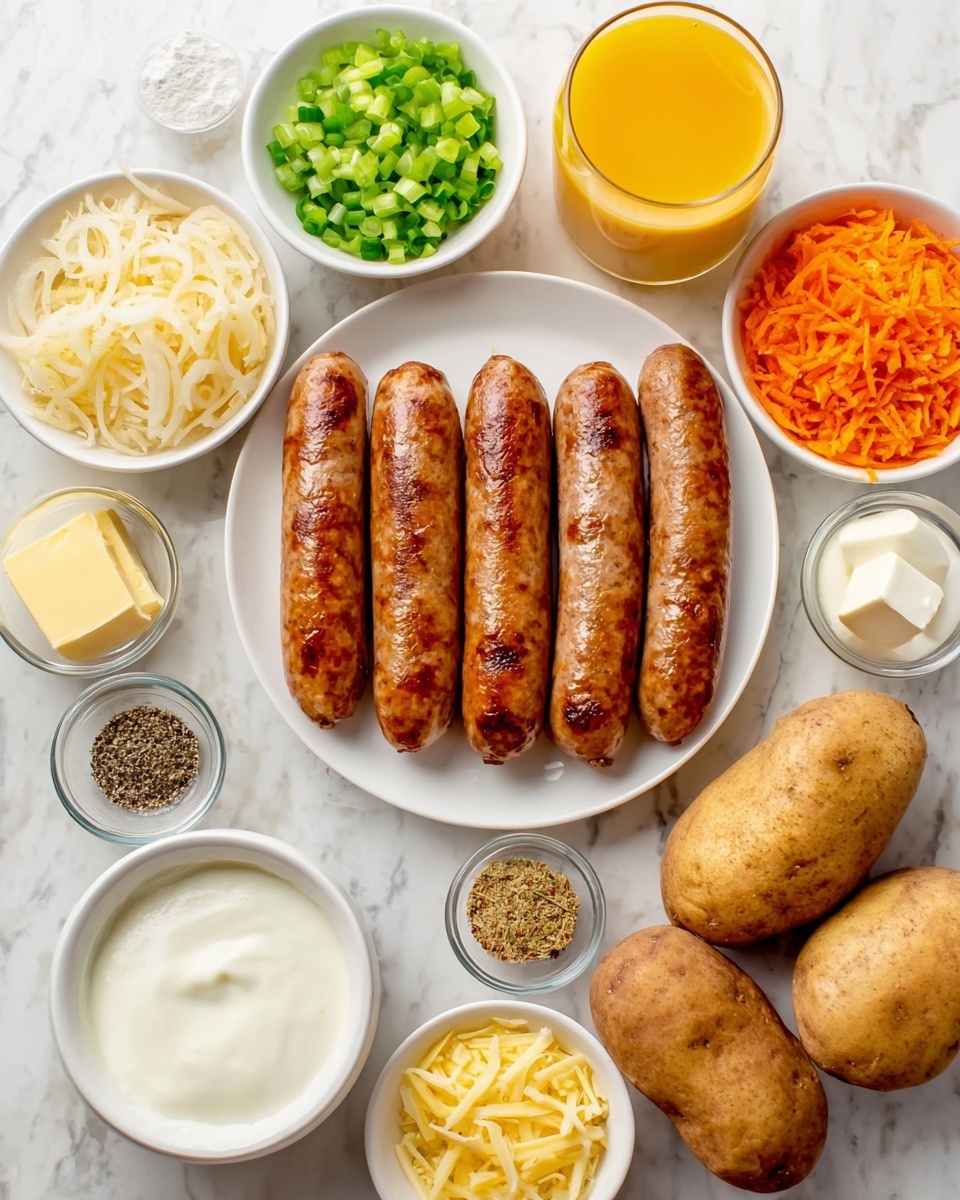 The image shows a white plate in the center with five brown sausages arranged neatly in two rows, four on the bottom and one on top, with visible grill marks and a slightly shiny texture. Around the plate are various small white bowls containing shredded white onions, chopped orange carrots, minced green celery, yellow shredded cheese, black pepper, white salt, and a small bowl of butter pieces. There is also a glass of light orange liquid, a clear glass of milk, a small bowl with yellow grated lemon zest, a larger white bowl filled with white sour cream, and three whole brown potatoes placed directly on the white marbled surface. Photo taken with an iphone --ar 4:5 --v 7