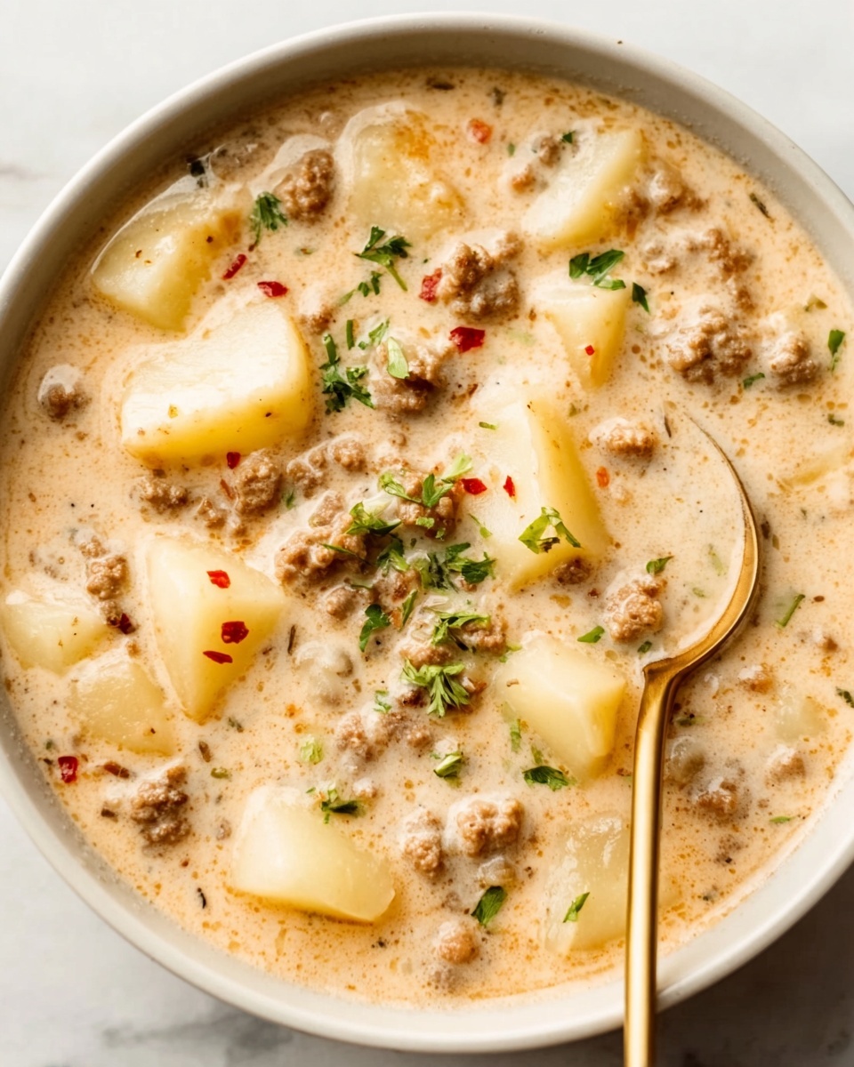 A white bowl filled with a creamy soup that has a light beige color. Inside the soup, there are small, soft, light yellow pieces of potato floating in the broth. Ground meat bits are scattered evenly in the soup, showing a cooked brown color with some textures visible. Small green herb pieces and tiny red pepper flakes are sprinkled gently on top, adding a touch of color contrast. A gold spoon rests inside the bowl, near the edge, with the bowl placed on a white marbled surface. photo taken with an iphone --ar 4:5 --v 7