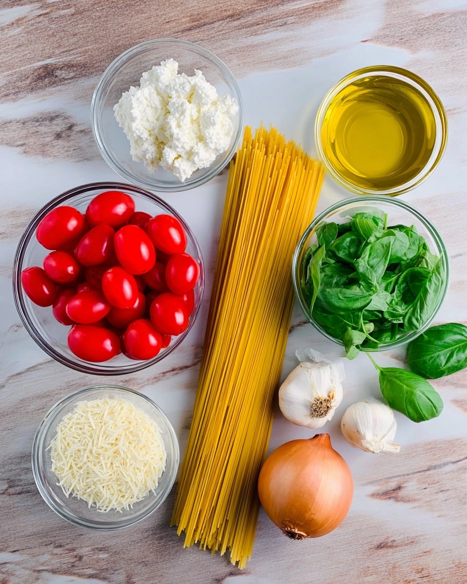 The image shows a flat lay of several cooking ingredients arranged on a white marbled surface. In the center, there is a bundle of uncooked yellow spaghetti strands placed horizontally. To the left of the pasta, there is a clear bowl filled with bright red grape tomatoes, and above it, another clear bowl containing yellow olive oil. To the right of the pasta, there are three clear bowls, one with white ricotta cheese, one with fresh green basil leaves, and one with finely grated white cheese. Below the pasta, there is a whole light brown onion and two whole garlic bulbs with light white skins. The setting is bright and clean. Photo taken with an iphone --ar 4:5 --v 7