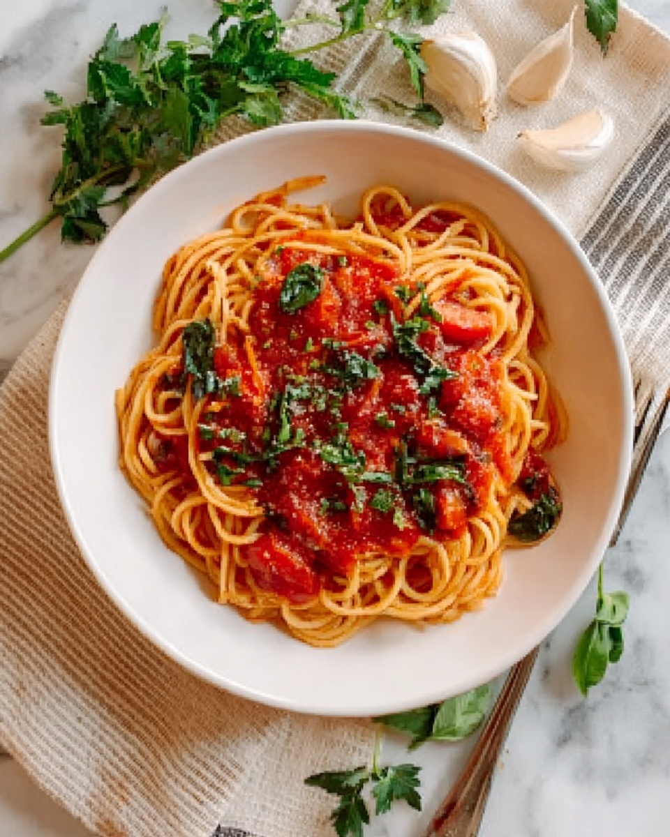 A white bowl filled with spaghetti pasta, topped with a thick red tomato sauce mixed with chunks of tomato and small green spinach leaves scattered throughout. The pasta strands are slightly shiny and twisted neatly inside the bowl. The dish is placed on a beige cloth with a striped border on a white marbled surface. Fresh green herbs and garlic cloves are arranged around the bowl, adding a fresh feel. A silver fork is visible on the right side of the bowl. photo taken with an iphone --ar 4:5 --v 7