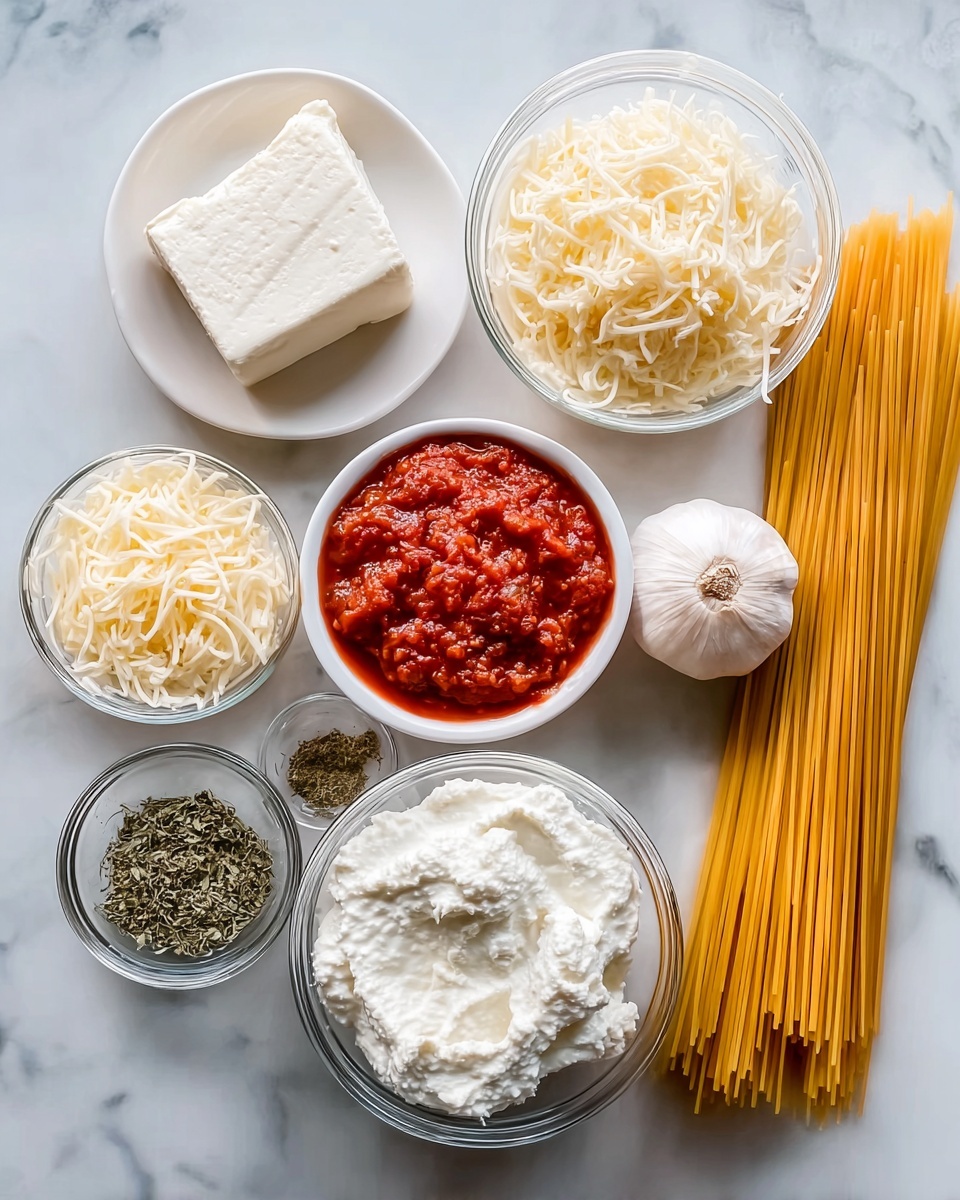 The image shows several white bowls and dishes arranged on a white marbled surface, each holding different ingredients. There is a small rectangular block of white cheese on a white dish in the top left corner. Next to it is a small white bowl with dried green herbs. Toward the center, a medium glass bowl is filled with creamy white ricotta cheese, and beside it, another glass bowl holds shredded white mozzarella cheese. Nearby, a plump white garlic bulb rests on the marble. Below the cheese bowls, a smaller white bowl contains red marinara sauce with a chunky texture. A bundle of uncooked yellow spaghetti is placed upright next to the sauce. Small glass bowls with grated cheese, grated Parmesan, and more dried green herbs are scattered around the main items. photo taken with an iphone --ar 4:5 --v 7