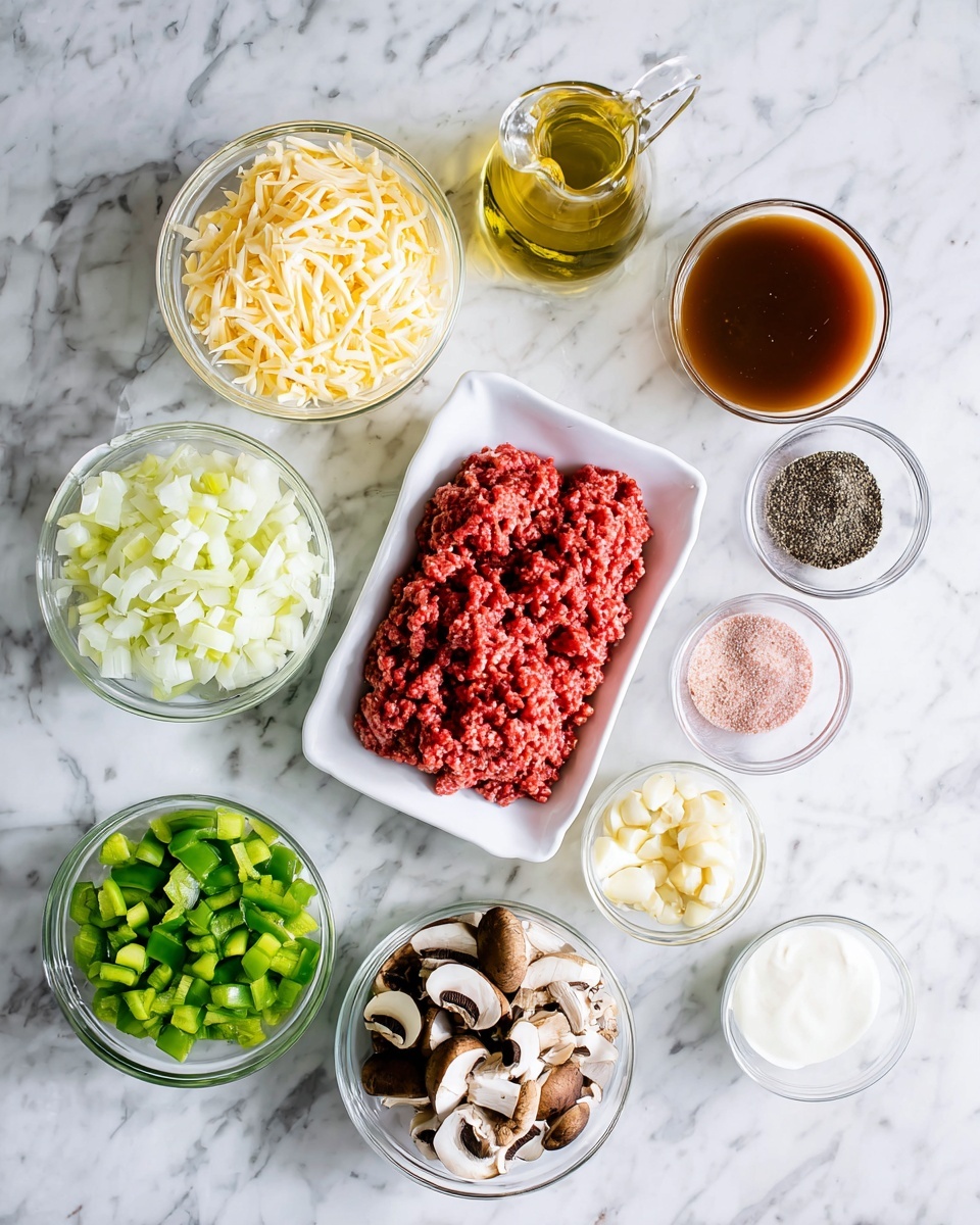 The image shows an overhead view of several clear bowls and a white rectangular dish placed on a white marbled surface, each holding different cooking ingredients. The white dish holds bright red ground meat with a soft, wavy texture, positioned near the center. Around it, there are bowls with shredded pale yellow cheese, chopped white onions, chopped green bell peppers, and chopped brown mushrooms. Smaller bowls contain minced garlic, a red thick sauce, a dark liquid sauce, and a white creamy substance. There is also a small bowl with black and pink seasoning, a glass container with golden yellow oil, and a glass cup containing brown broth. The scene is bright and clean with clear, sharp details. Photo taken with an iphone --ar 4:5 --v 7