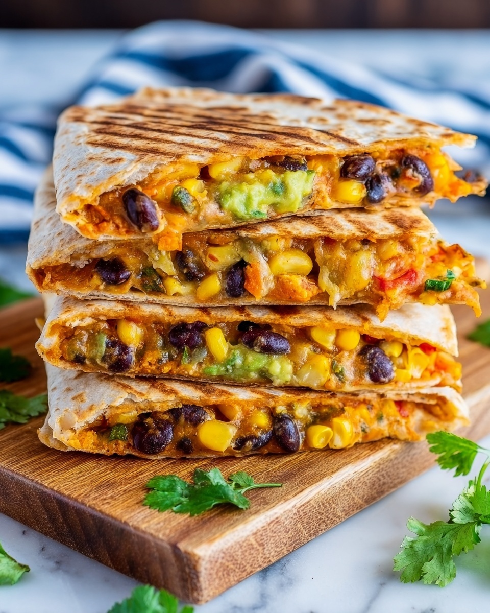 The image shows a stack of three quesadilla pieces on a wooden board. Each quesadilla piece has a golden-brown grilled tortilla outer layer with clear grill marks. Inside each piece, there are visible layers of melted orange cheese, black beans, yellow corn kernels, and bits of green guacamole, along with small pieces of red and orange vegetables. The quesadilla layers are thick and packed tightly inside the tortillas. Some fresh green cilantro leaves are placed around the quesadilla stack, adding a fresh touch. The background is a white marbled surface with a blurred blue and white striped cloth in the back. Photo taken with an iphone --ar 4:5 --v 7