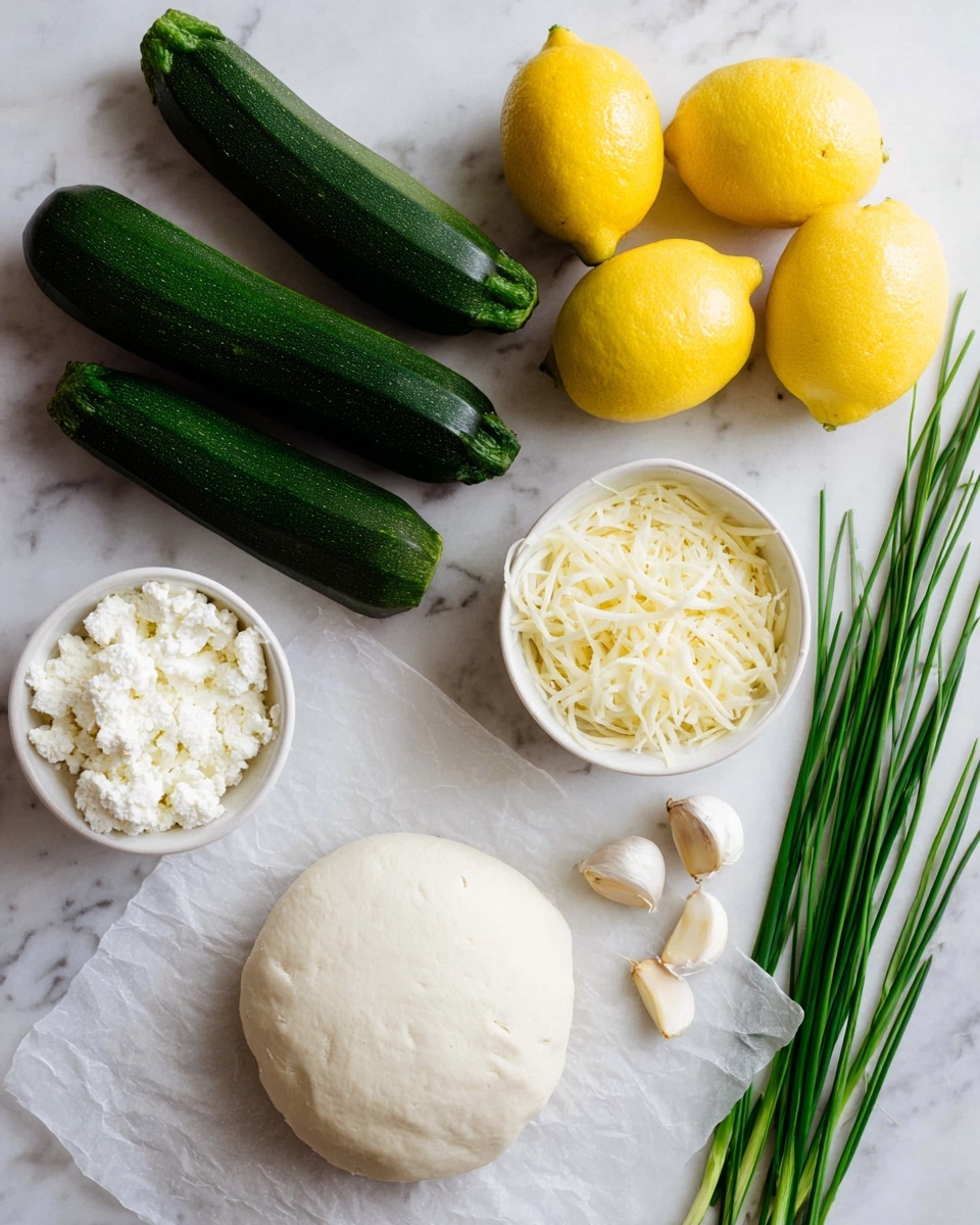 The image shows fresh ingredients arranged on a white marbled surface. There are three bright yellow lemons placed around two dark green zucchinis, one of which is cut in half showing a smooth interior. A round, soft white dough ball rests on a piece of white parchment paper in the lower part of the frame. Near the dough, there is a white bowl filled with soft white cottage cheese, and another white bowl contains shredded white mozzarella cheese. Several cloves of garlic, some whole and some peeled, are scattered in the middle, with a bunch of thin, long green chives laying to the right side. The colors are natural with green, yellow, and white tones. Photo taken with an iphone --ar 4:5 --v 7