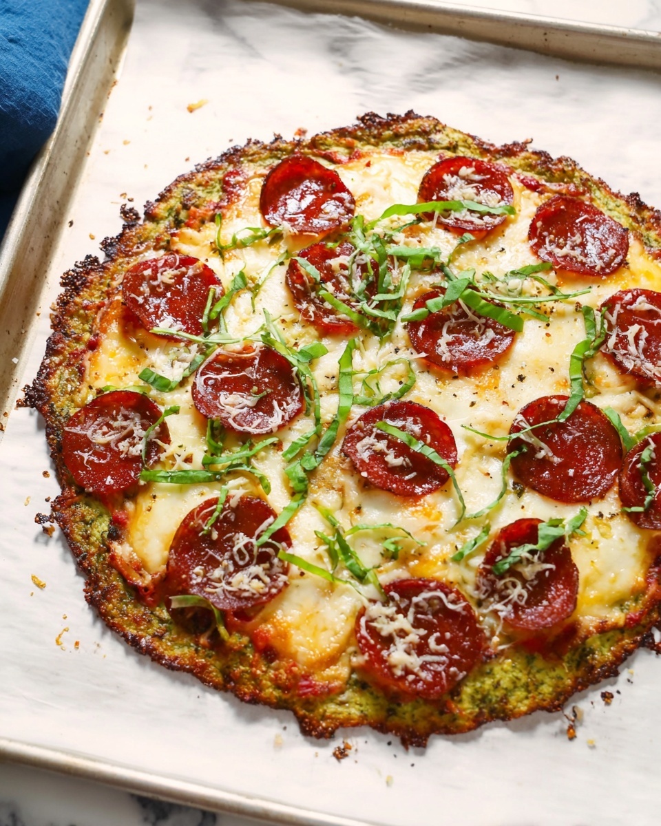 A pizza with three main layers is shown on a white parchment-lined metal tray placed on a white marbled surface. The bottom layer is a greenish crust with a rough texture, showing bits of herbs or vegetables. The middle layer is a golden brown melted cheese that covers the entire pizza evenly. The top layer is made of round, thin slices of dark red pepperoni scattered across the cheese, along with thin strips of fresh green basil spread across the pizza. Some white sprinkles, possibly grated cheese or seasoning, are sprinkled lightly on top. The edges of the pizza are slightly crispy and browned. Photo taken with an iphone --ar 4:5 --v 7