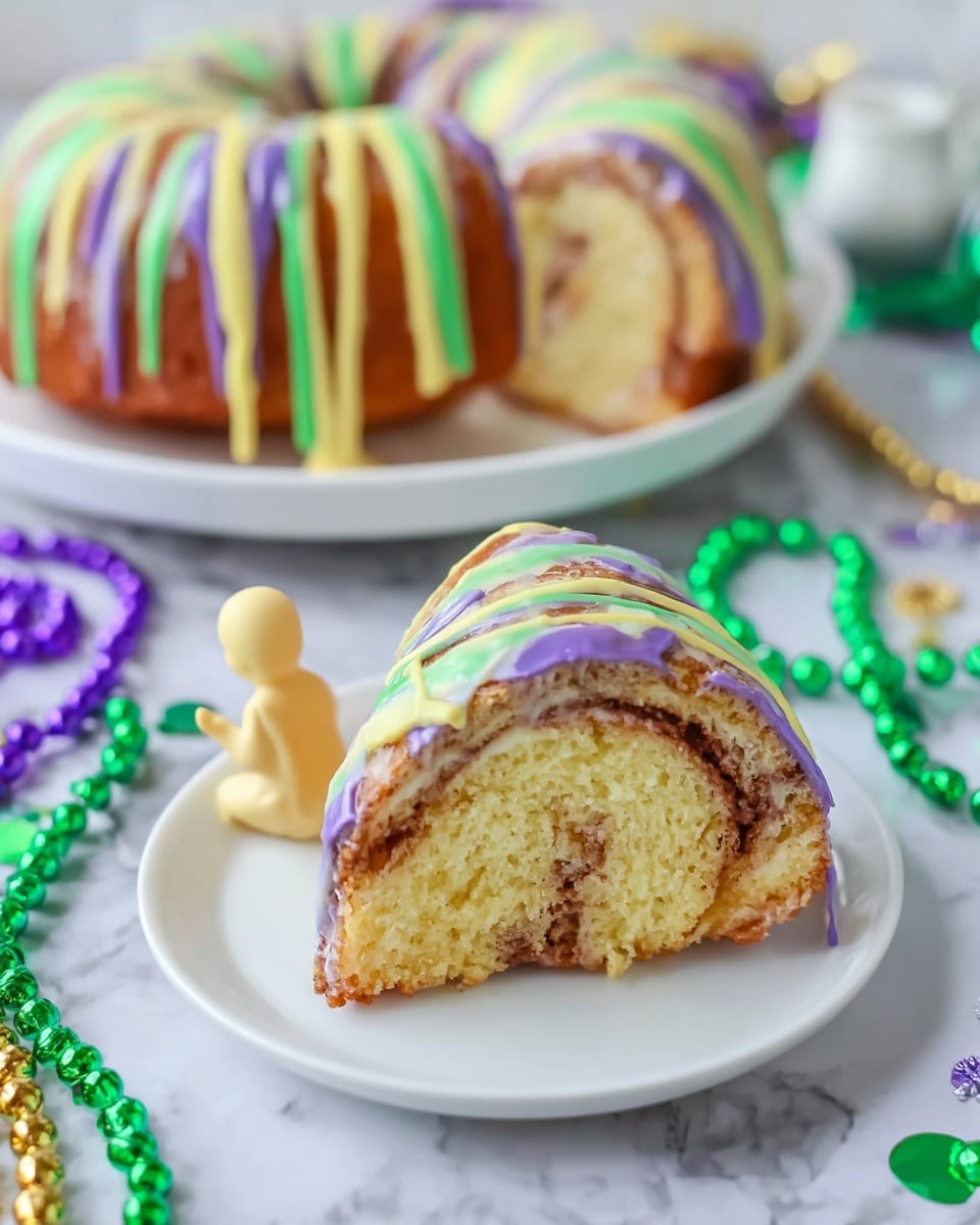 A white plate holds a slice of a round cake with three layers: a light brown cinnamon swirl layer inside, soft yellow dough, and a top layer covered with colorful icing stripes in purple, green, and yellow. The icing drips over the sides in thin lines. Next to the slice sits a small plastic baby figurine. In the background, there is a whole round cake on a white plate with a similar icing pattern, and green, purple, and gold bead necklaces scattered on a white marbled surface. Photo taken with an iphone --ar 4:5 --v 7