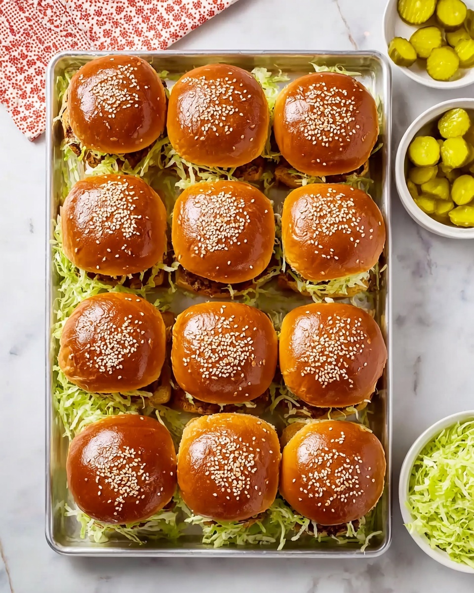 A metal tray on a white marbled surface holds twelve slider sandwiches arranged in three rows and four columns. Each sandwich has a shiny, golden-brown sesame seed bun top, evenly sprinkled with sesame seeds. Under the buns, layers of shredded pale green lettuce peek out around the edges of the sandwiches. The sandwiches sit on a layer of shredded lettuce that lines the bottom of the tray. To the top right corner of the tray is a small white bowl filled with round yellow pickle slices. Near the bottom right corner is a small white bowl filled with more shredded lettuce. A red and white patterned cloth is partially visible on the upper left side. The photo taken with an iphone --ar 4:5 --v 7