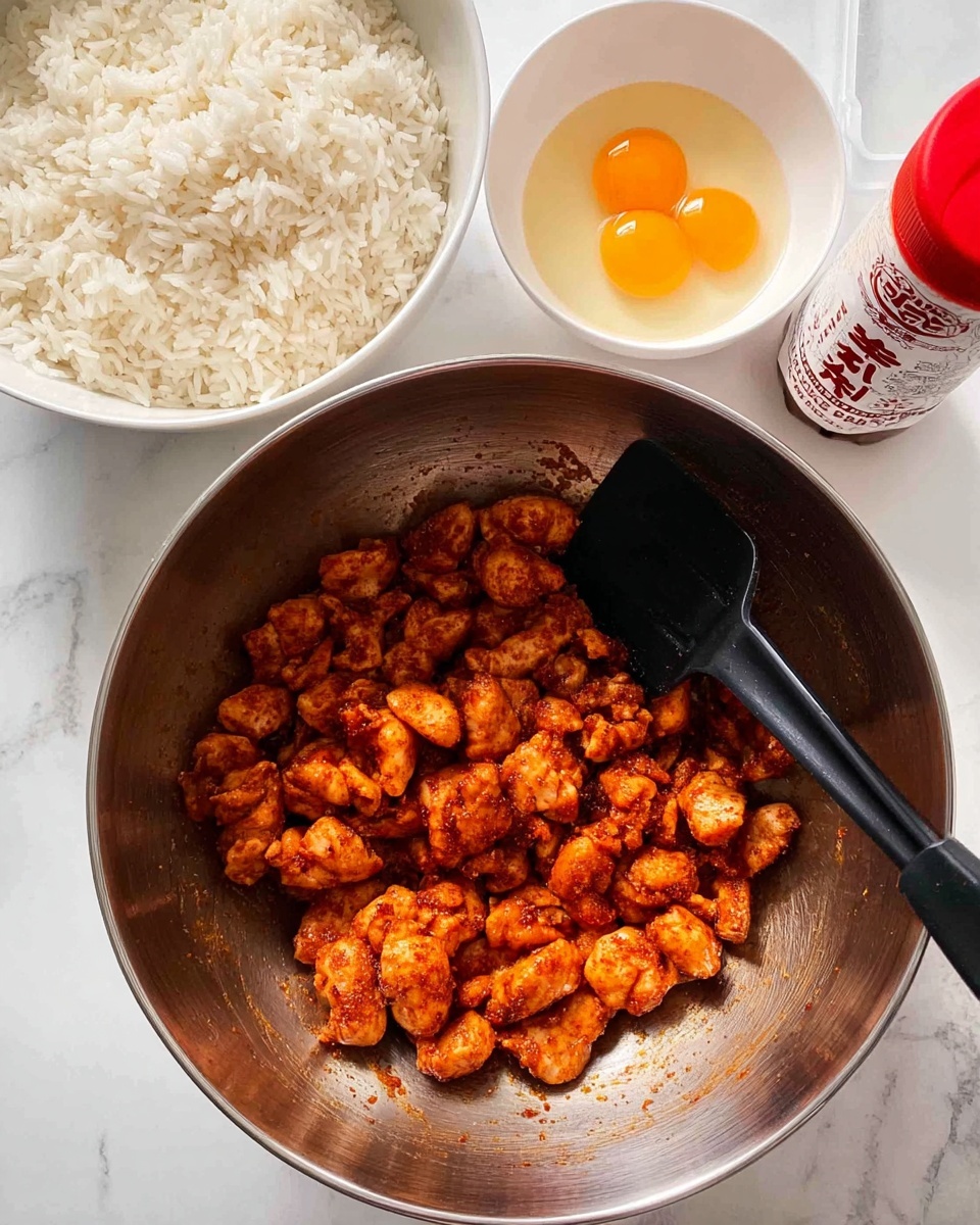 A large silver mixing bowl holds a single layer of small, bite-sized pieces of orange-red seasoned chicken with a slightly rough texture, placed at the bottom center. A black spatula rests inside the bowl, its handle angled to the left. To the top left, there is a white bowl filled with cooked white rice, showing individual grains. To the top right, a small white bowl contains two raw egg yolks with clear egg whites around them. Next to this bowl on the far right, there is a white bottle with a red cap labeled Japanese Barbecue Sauce, partially in view. All these items are arranged on a white marbled surface. Photo taken with an iphone --ar 4:5 --v 7