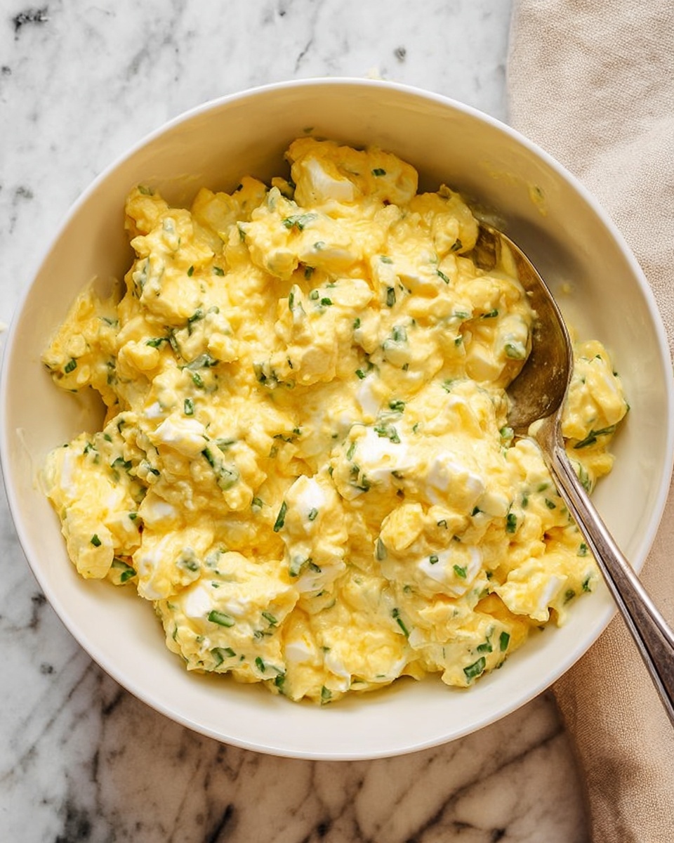 A close-up view of a white bowl filled with creamy yellow egg salad mixed with small green herb pieces, showing chunks of egg white and yolk throughout. A silver spoon is placed inside the bowl, partially submerged in the mixture. The bowl is set on a surface with a white marbled texture and a light beige cloth is partially visible in the top right corner. photo taken with an iphone --ar 4:5 --v 7