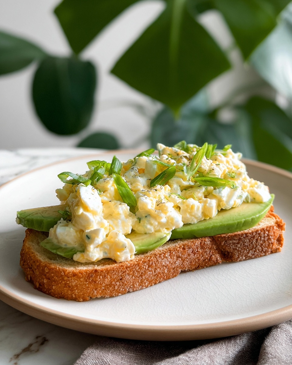 A piece of toasted bread sits on a white plate with a layer of green avocado slices neatly placed on top, covered by a thick layer of creamy egg salad mixed with small egg white chunks. The egg salad is garnished with chopped green onions, giving the dish a fresh touch. The background features a soft gray cloth and large green leaves behind, all on a white marbled surface. photo taken with an iphone --ar 4:5 --v 7