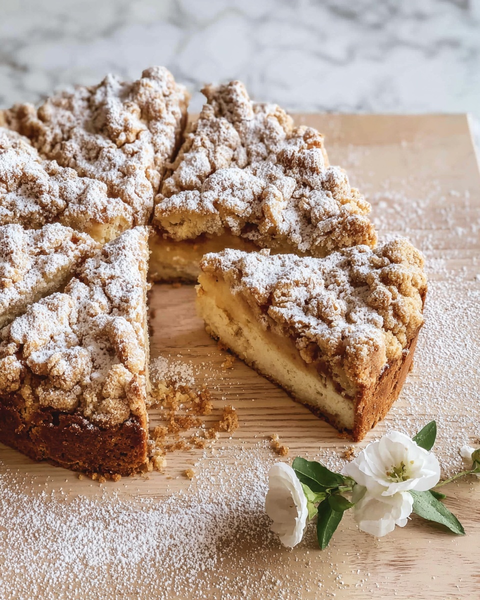The image shows a rustic round crumb cake with a thick, uneven top layer of golden brown streusel covered in a dusting of white powdered sugar. The cake is cut into several large triangular slices, with one slice slightly pulled out in the front, displaying a soft pale yellow inner cake layer beneath the crumbly topping. The cake sits on a light wooden board with some scattered crumbs and powdered sugar around it. To the right side of the board, there are three small white flowers with green stems lying flat. The background features a white marbled texture. photo taken with an iphone --ar 4:5 --v 7