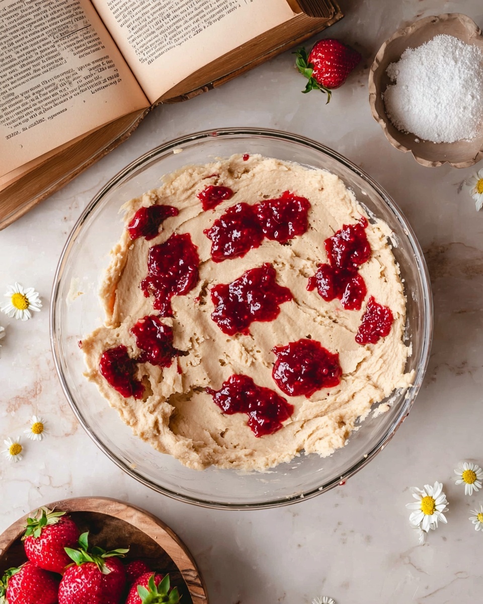A clear glass bowl holds a thick, creamy beige dough spread evenly in a single layer with uneven texture. On top of the dough, bright red dollops of jam are scattered irregularly across the surface, creating a strong color contrast. Around the bowl, there is a vintage open book with small white and yellow flowers on its pages, a wooden bowl filled with white granulated sugar, fresh whole strawberries, some with green leaves still on, and a white bowl with more strawberries. The whole scene is set on a white marbled surface. Photo taken with an iphone --ar 4:5 --v 7